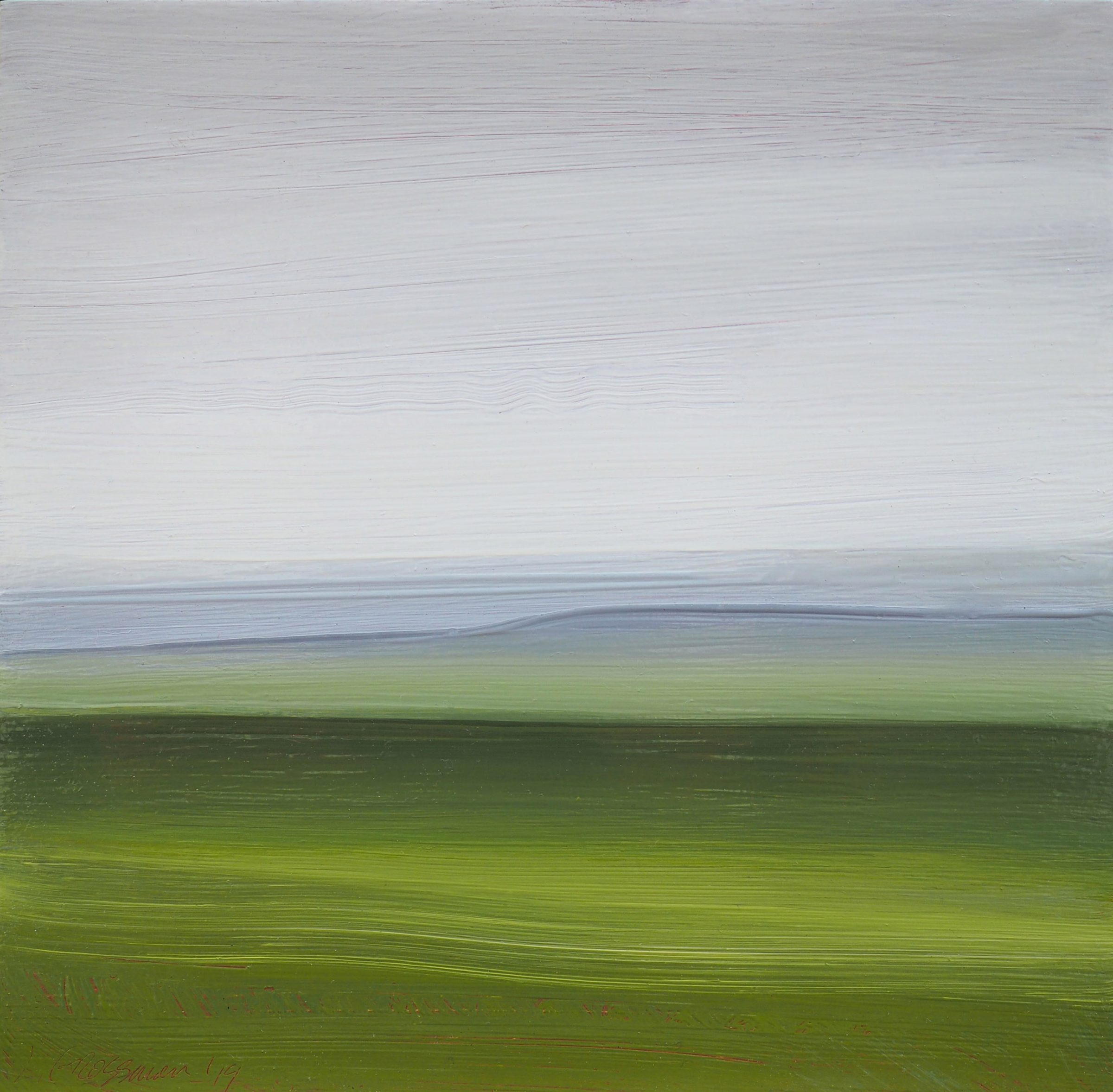 Horizontal abstract landscape with soft, horizontally-streaked brushwork. The composition is divided into distinct bands of color: pale gray-white sky at top, steel blue water in the middle, and vibrant lime and moss green fields at bottom, creating a minimalist representation of a coastal or lakeside vista.
