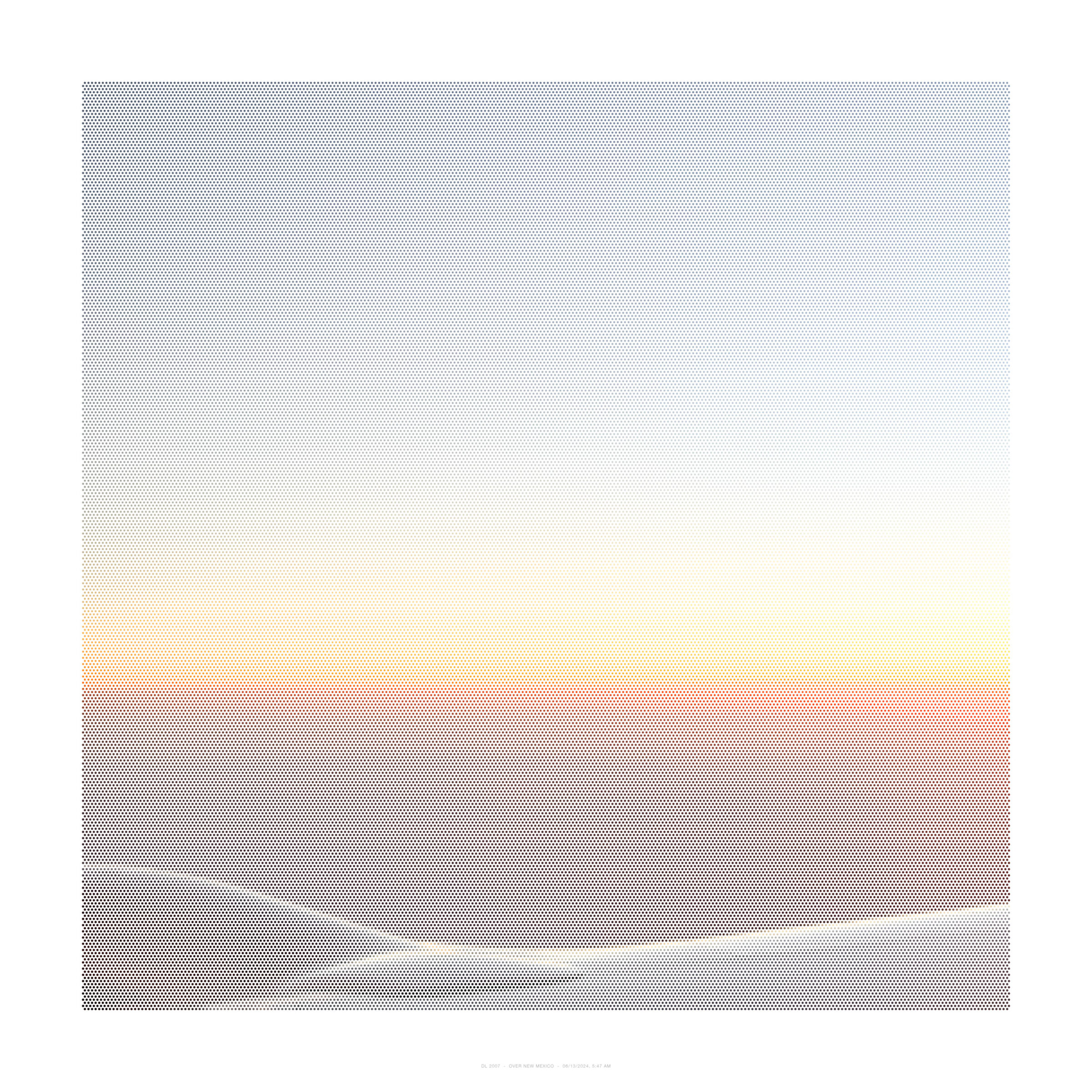A large-scale pigment print with a gradient composition transitioning from gray at the top through pale cream and soft yellow tones in the center, to warm peachy and tan hues at the bottom, created with a fine dotted pattern throughout that gives the work a subtle, textured appearance.