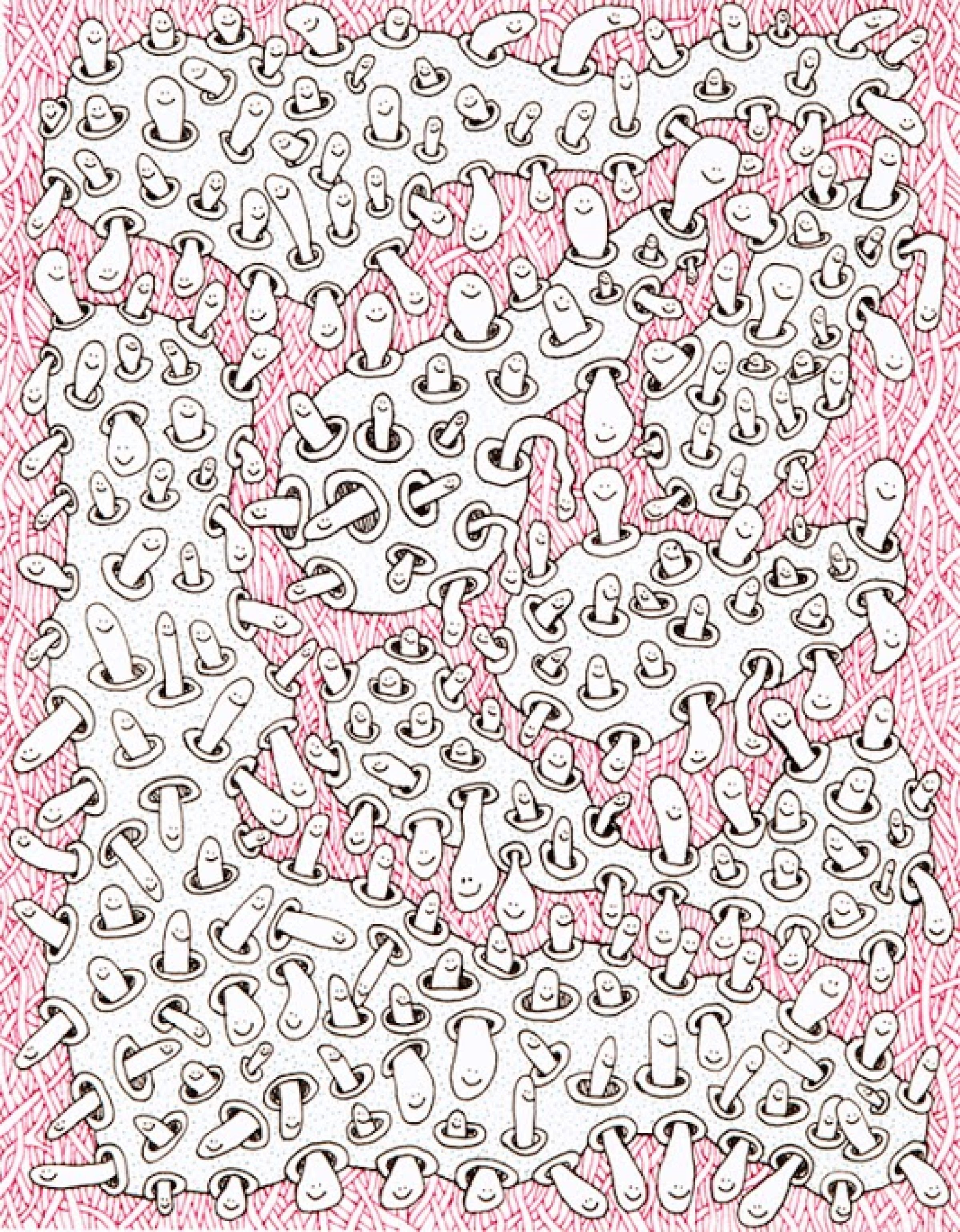 Dense composition of hand-drawn, abstract organic forms in black ink on white paper, arranged in an all-over pattern across the rectangular surface. The forms resemble biomorphic or cellular shapes with curved, intertwining lines, set against a bright pink textured border that frames the central white drawing area.