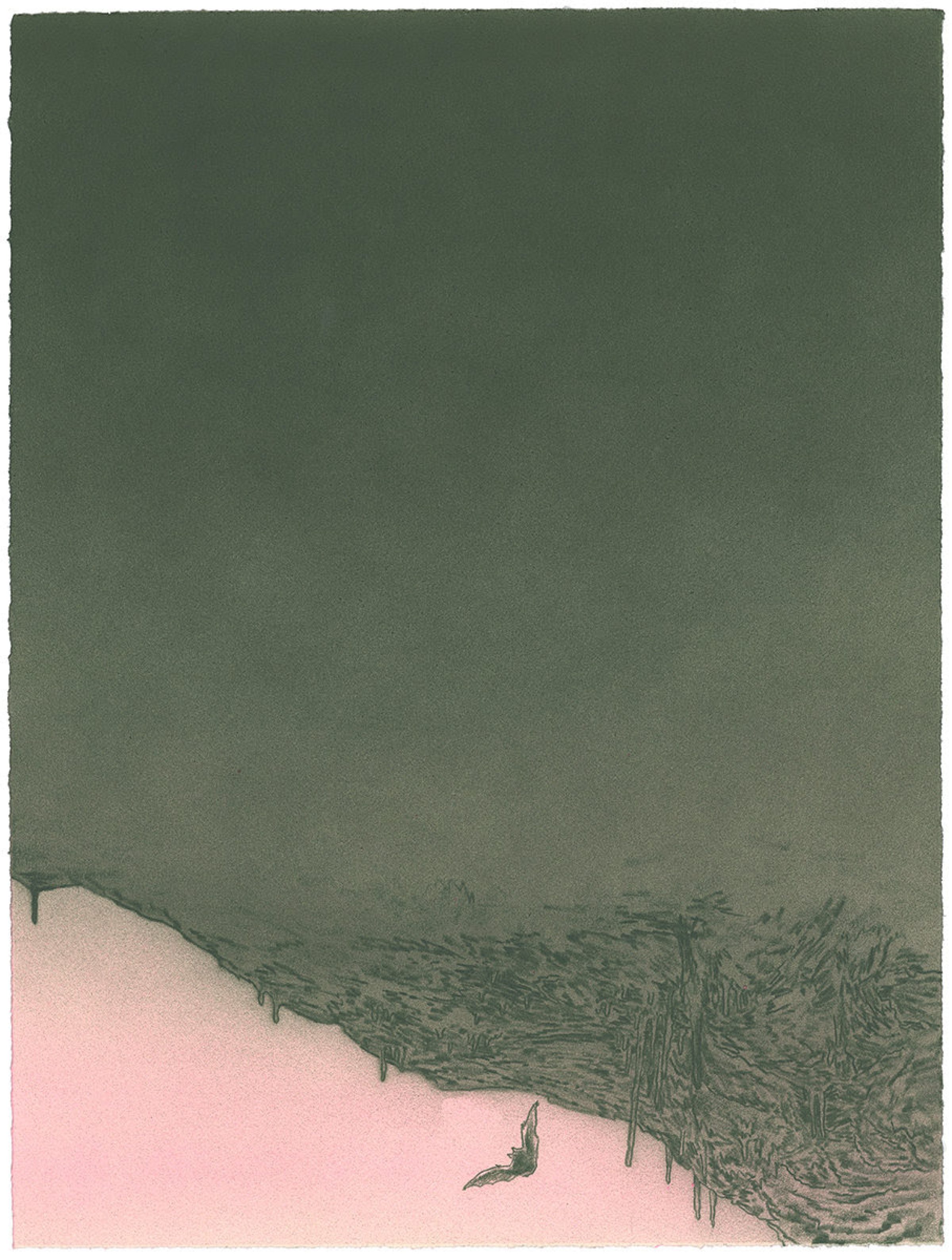 A composition divided horizontally, with a solid dark green upper section and pale pink lower section. Along the division, detailed pen work depicts wispy, wind-blown grass or vegetation that drips downward, creating a stark contrast between the two color fields. A small dark silhouette of a bird or creature appears in the pink section below.