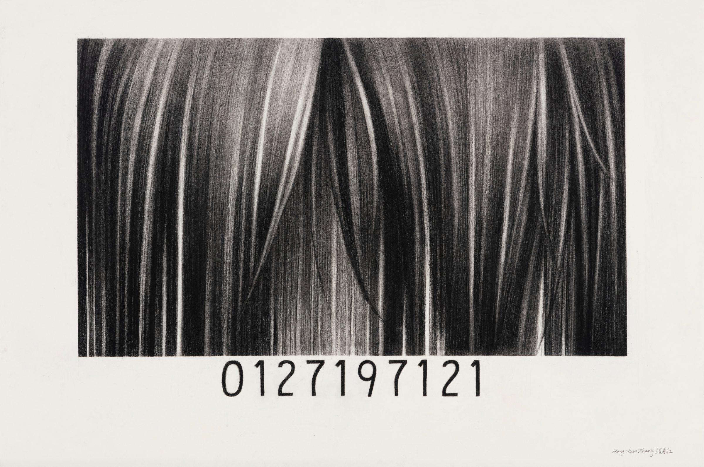 A barcode rendered in charcoal with vertical striations and shading, creating a three-dimensional effect against a light background. The numerical sequence 0127197121 appears directly beneath the barcode in printed type.