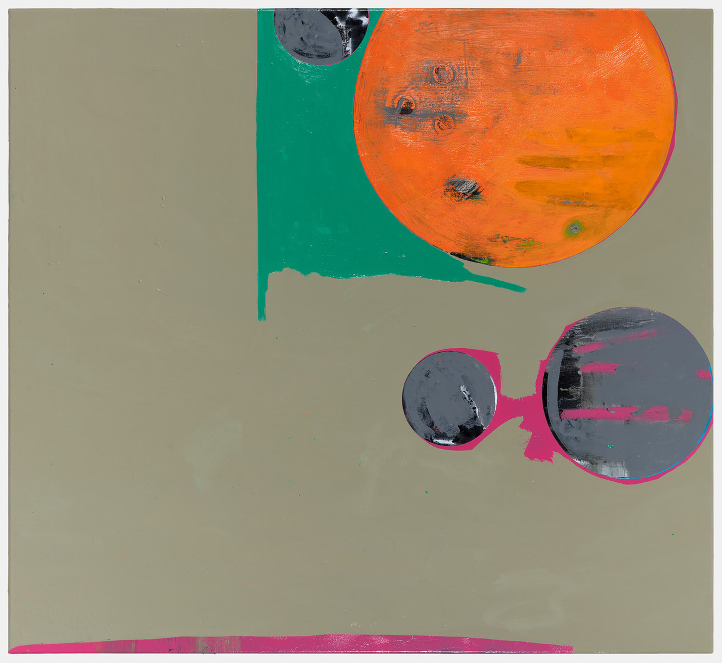 Abstract composition featuring a large orange circle with weathered surface texture in the upper right, connected by a teal drip to a beige background. Below, two dark gray circles outlined in magenta with gestural pink marks sit against the neutral ground, with a thin magenta horizontal stroke at the bottom edge.