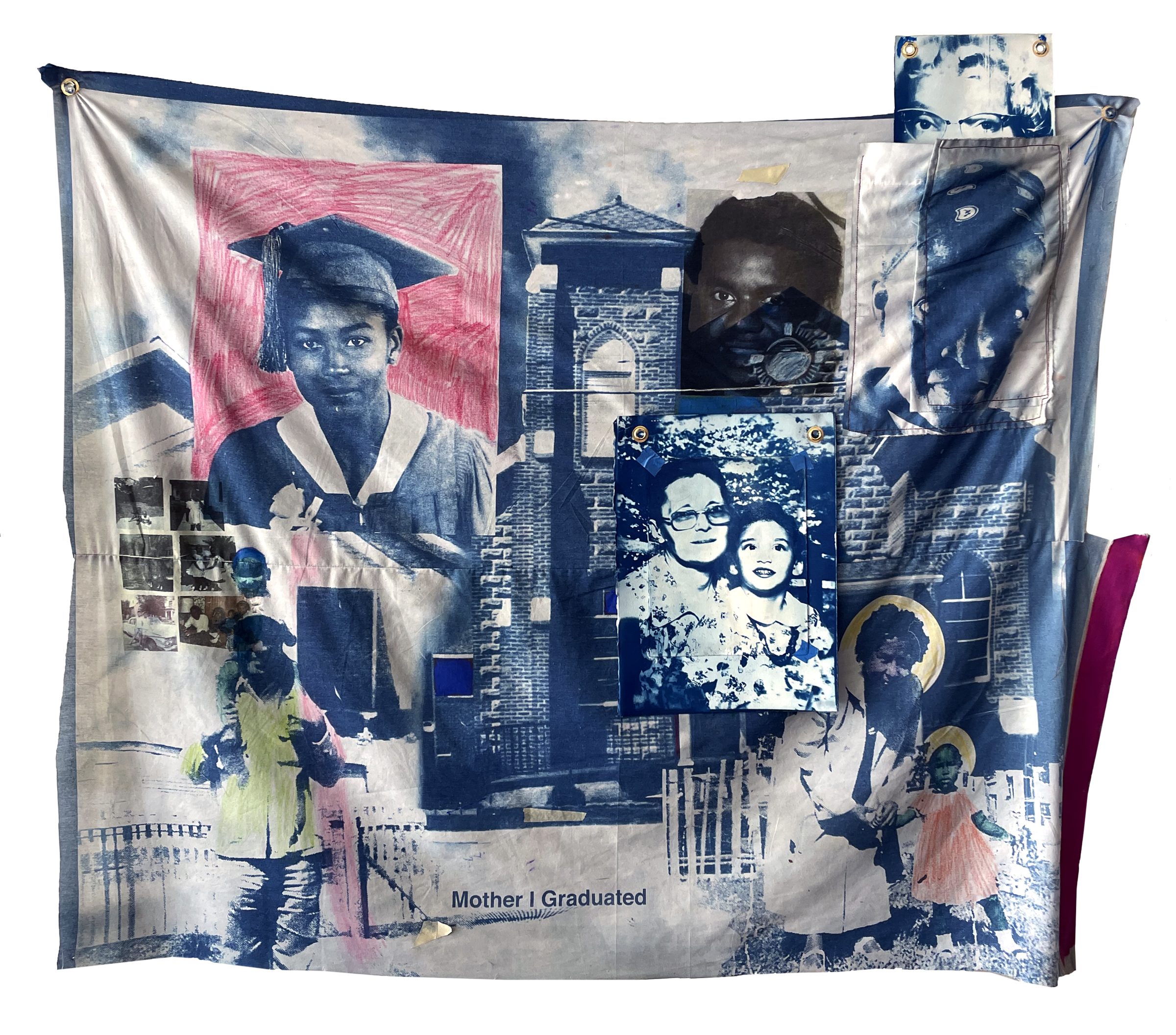 A collage textile artwork featuring cyanotype and mixed media imagery arranged across a cream-colored cotton surface. The composition depicts multiple photographic portraits of Black individuals at various life stages, layered with architectural imagery of a brick building, accented with pink crayon markings and text reading "Mother I Graduated" at the center. The work combines photography, drawing, and transfer techniques in shades of blue, pink, yellow, and black.
