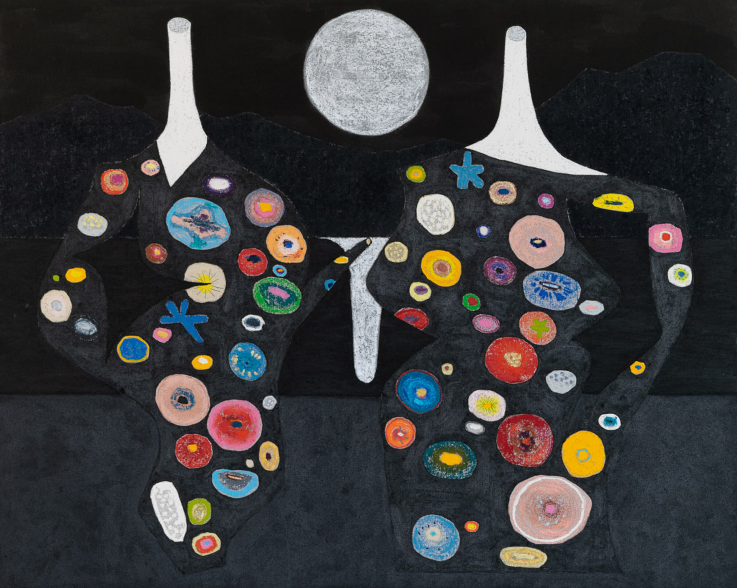 Two large black silhouettes of human heads face each other against a dark background, their interiors filled with dozens of colorful circular forms in varying sizes—painted in blues, reds, yellows, pinks, and greens with intricate patterns and textures. White curved shapes extend upward from each head like stylized hair or crowns, a large gray moon hovers above, and the composition creates a striking visual dialogue between the two figures.