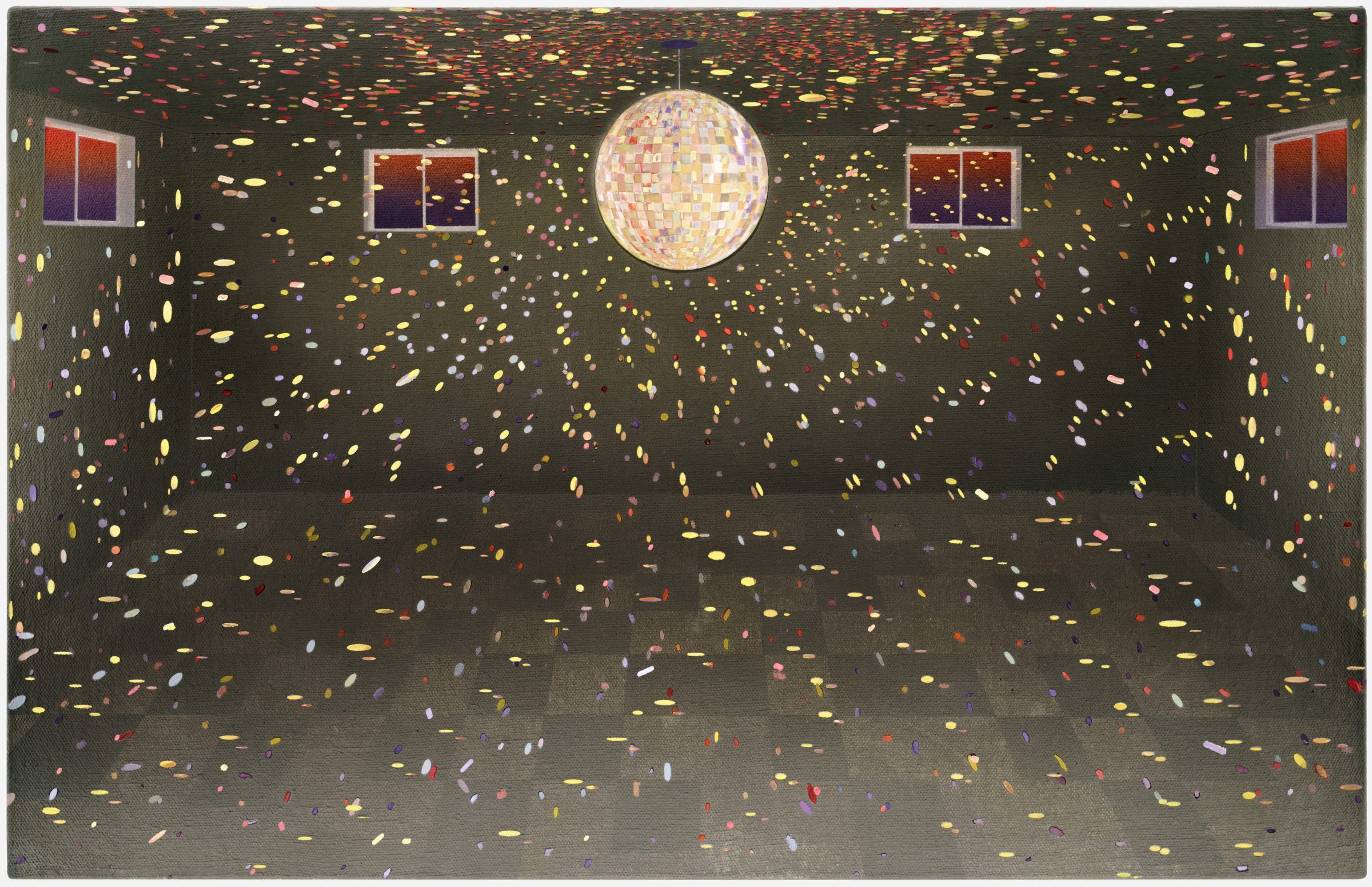 A dark interior space with four windows showing twilight skies, centered by a glowing disco ball. Hundreds of colorful confetti pieces and streaks in yellow, red, pink, and blue scatter across the dark walls and floor in dynamic, sweeping patterns, creating an energetic sense of movement and celebration.