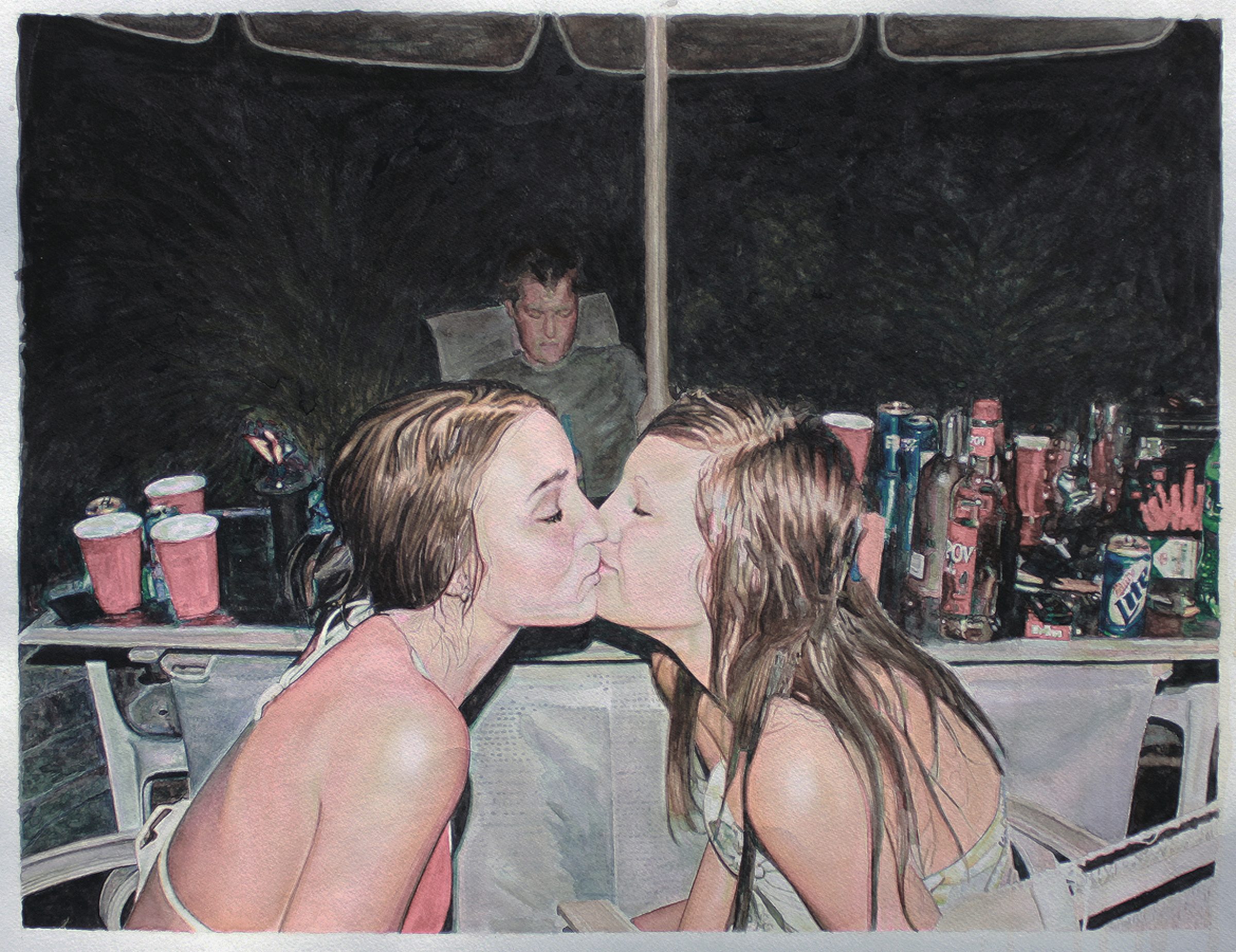 Two women with long brown hair kiss in the foreground of a vehicle interior, their bare shoulders visible. Behind them, a figure in a green shirt sits in the back seat, and the windshield frames a dark forest landscape. The surrounding surfaces are cluttered with colorful bottles and cans rendered in muted tones against the dark background.