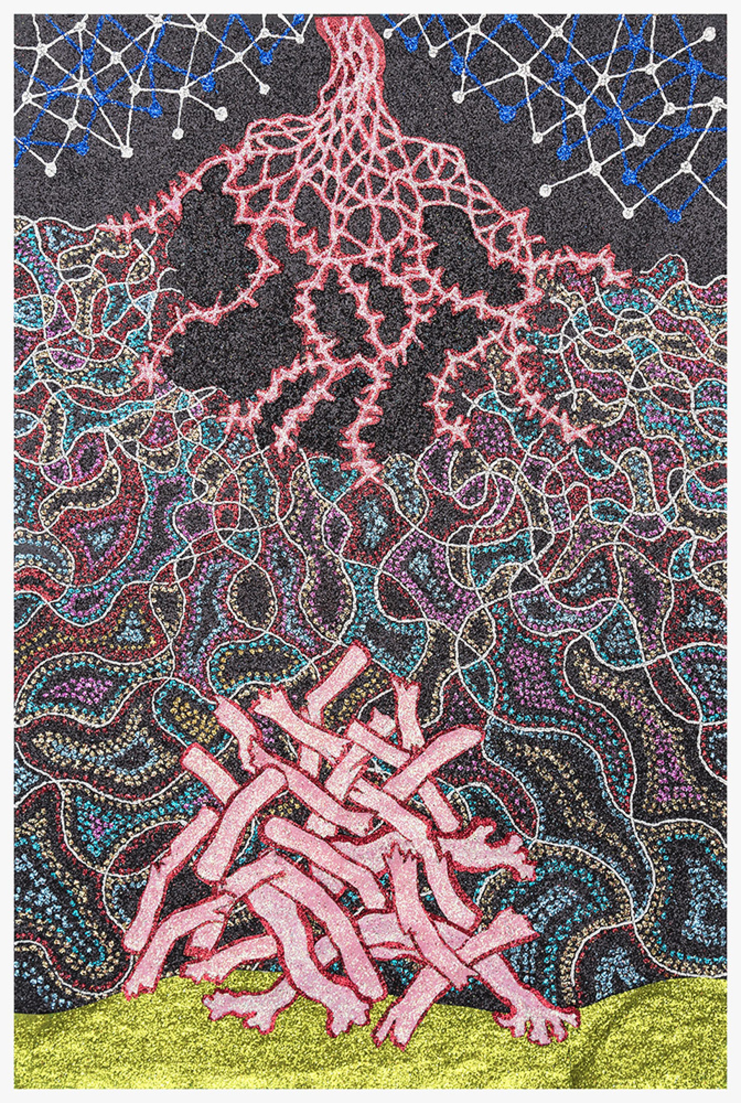 A figure with an elaborate root system rendered in pink stands against a dark textured background filled with intricate blue, cyan, and multicolored patterns. The composition features layered, organic forms with glittering surfaces, grounding the central figure in a bright lime-green base.