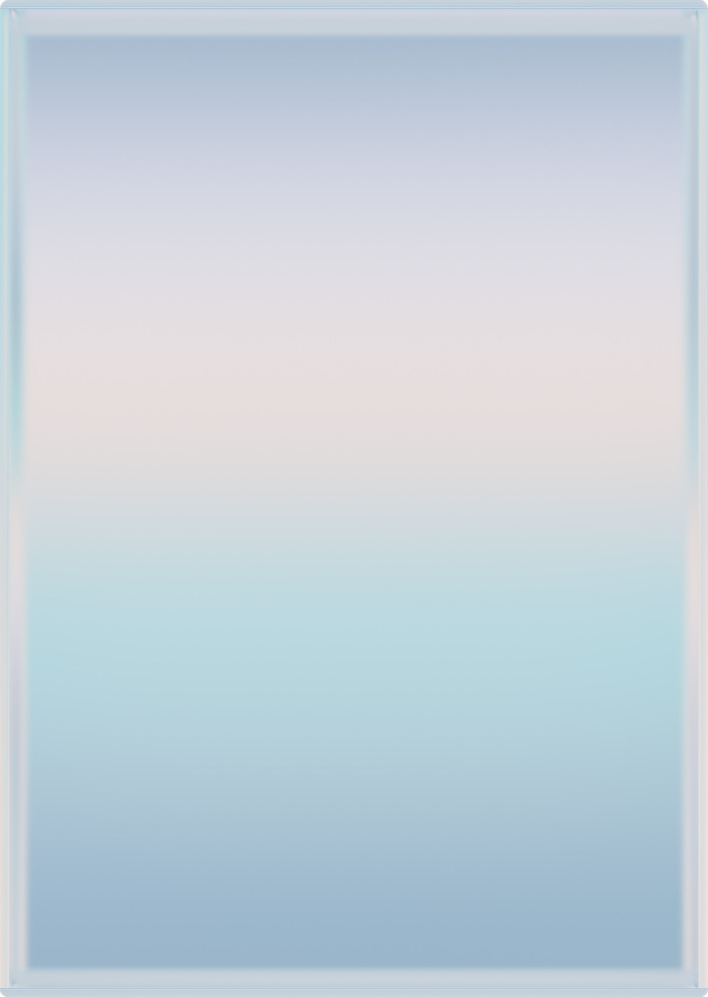 A soft gradient composition transitioning from pale gray-blue at the top to luminous cyan-blue at the bottom, with subtle pink and lavender undertones visible along the edges. The work has a translucent, ethereal quality with a reflective metallic surface.