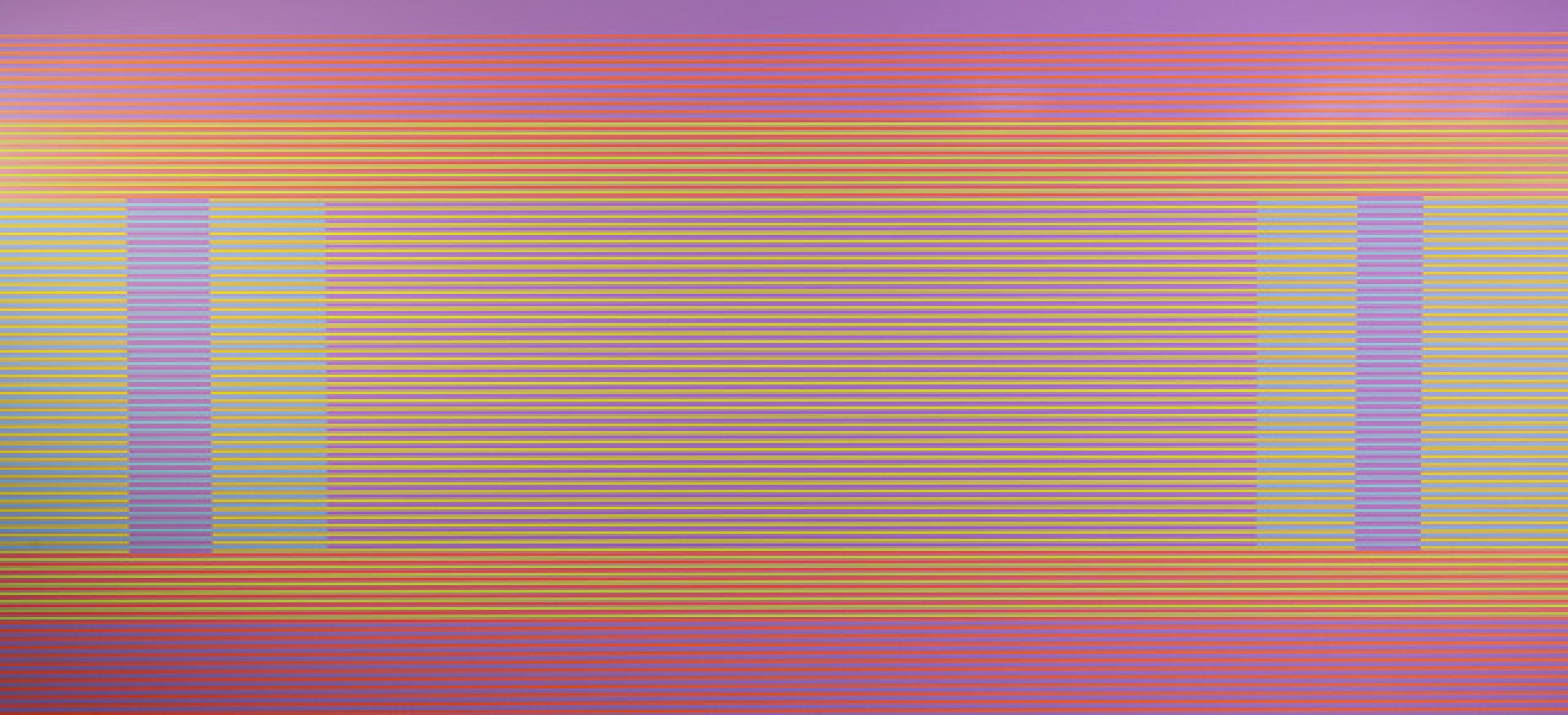 Horizontal bands of vibrant color—purples, pinks, yellows, and oranges—create a shimmering, pixelated landscape. Two vertical rectangular forms in lighter tones frame a central glowing area, suggesting an abstracted mountainous or atmospheric scene rendered through densely layered horizontal lines.