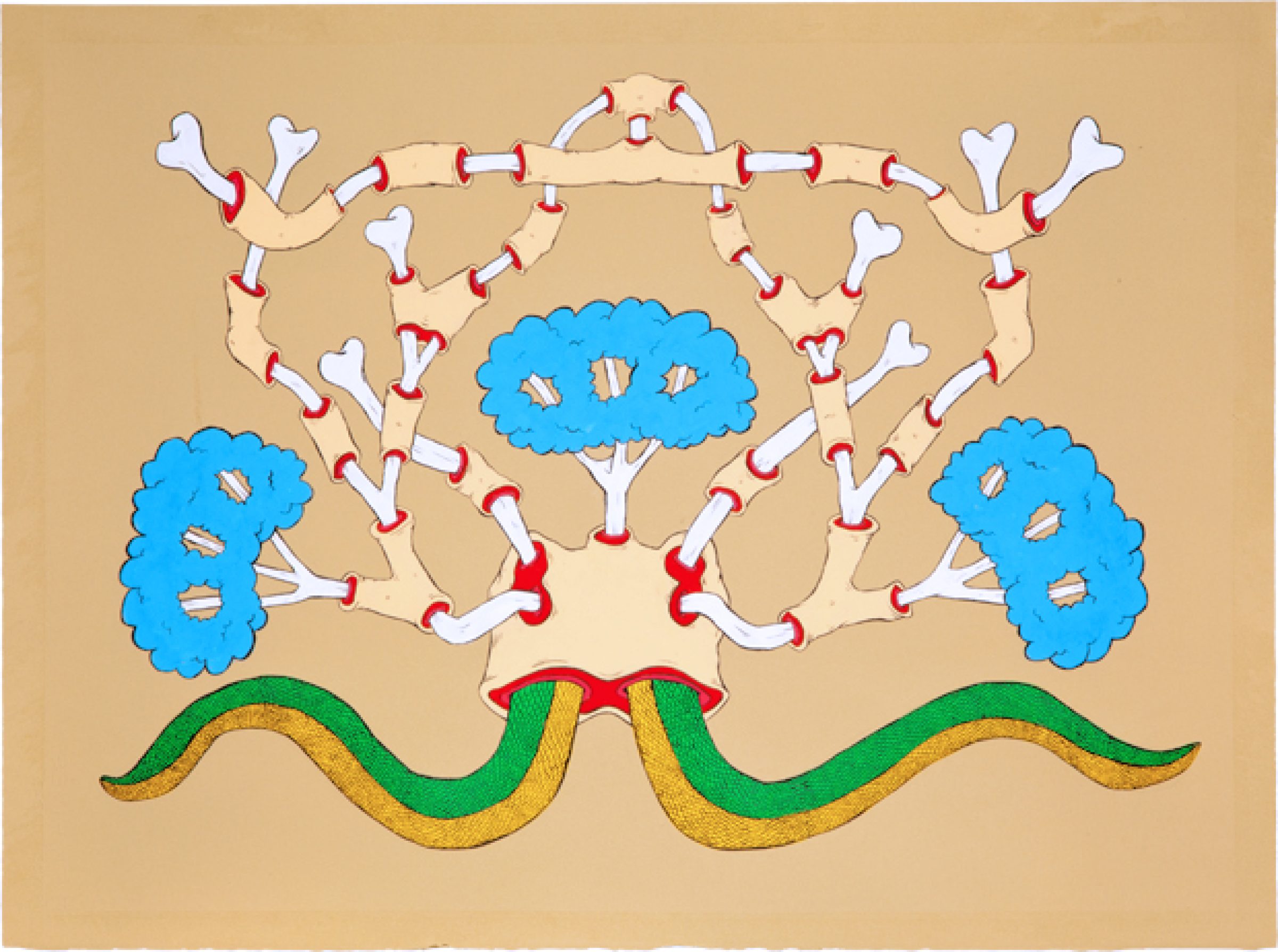 Symmetrical composition in ink and gouache featuring stylized anatomical lungs in blue flanking a central branching bronchial tree structure in tan and cream, with red connective nodes, set above a sinuous green and gold serpentine form against a warm beige background.