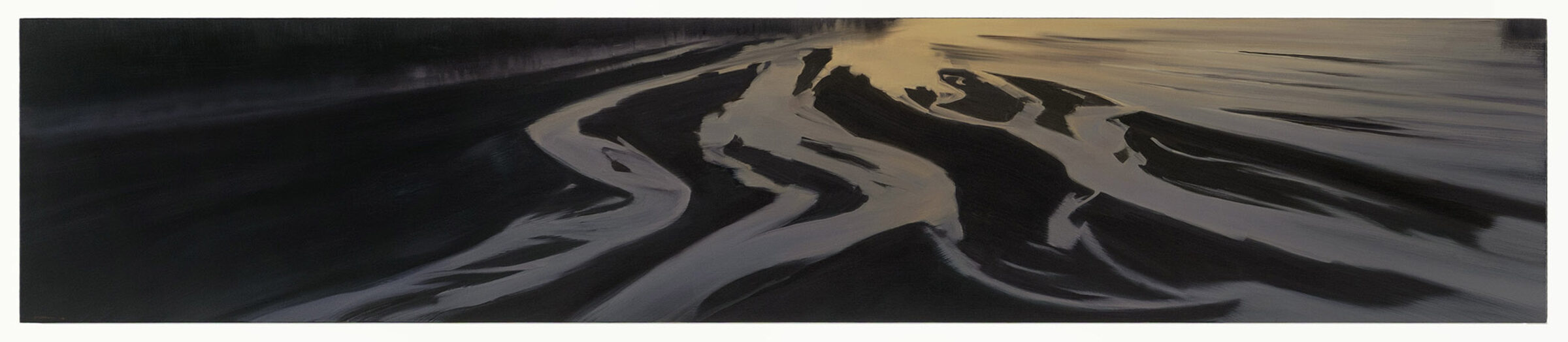Abstract horizontal composition featuring undulating ribbons of cream, tan, and black that flow across the panel, creating a sense of movement and depth. The organic, wave-like forms suggest a landscape viewed from above, with areas of dark shadow contrasting against lighter, luminous passages.