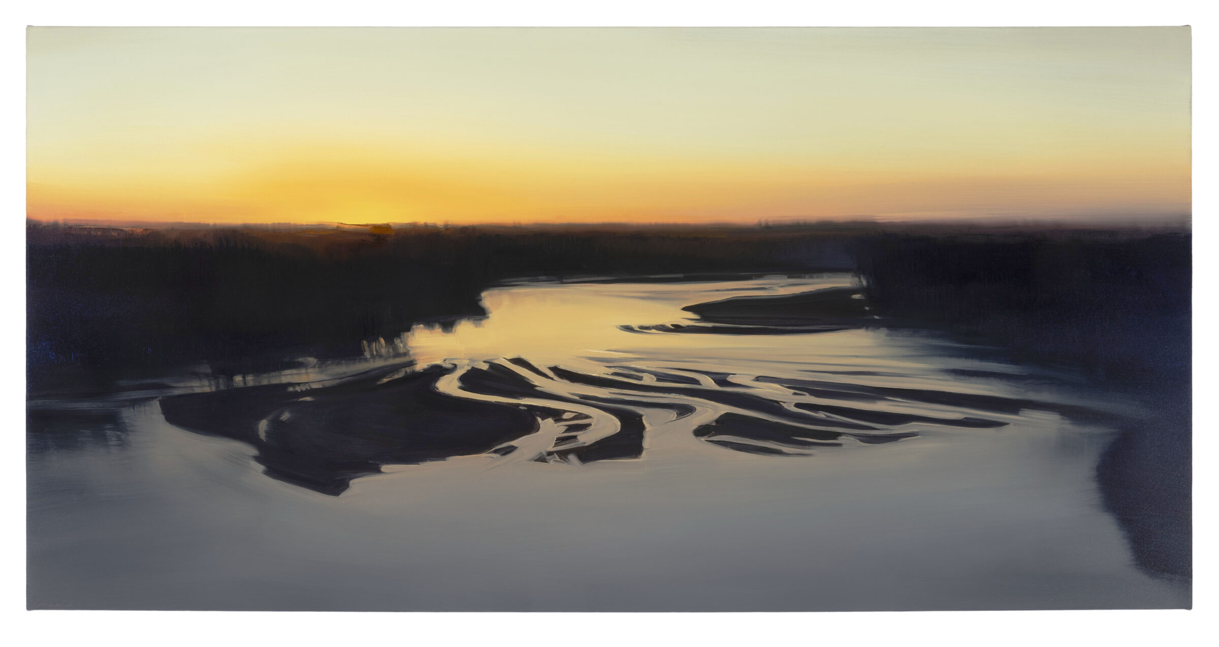 Aerial view of a winding river at dusk, with sinuous sand bars and dark forested banks rendered in muted golds, grays, and blacks. The composition captures the river's serpentine path through wilderness under a soft, gradient sky transitioning from warm yellow to cool beige at the horizon.