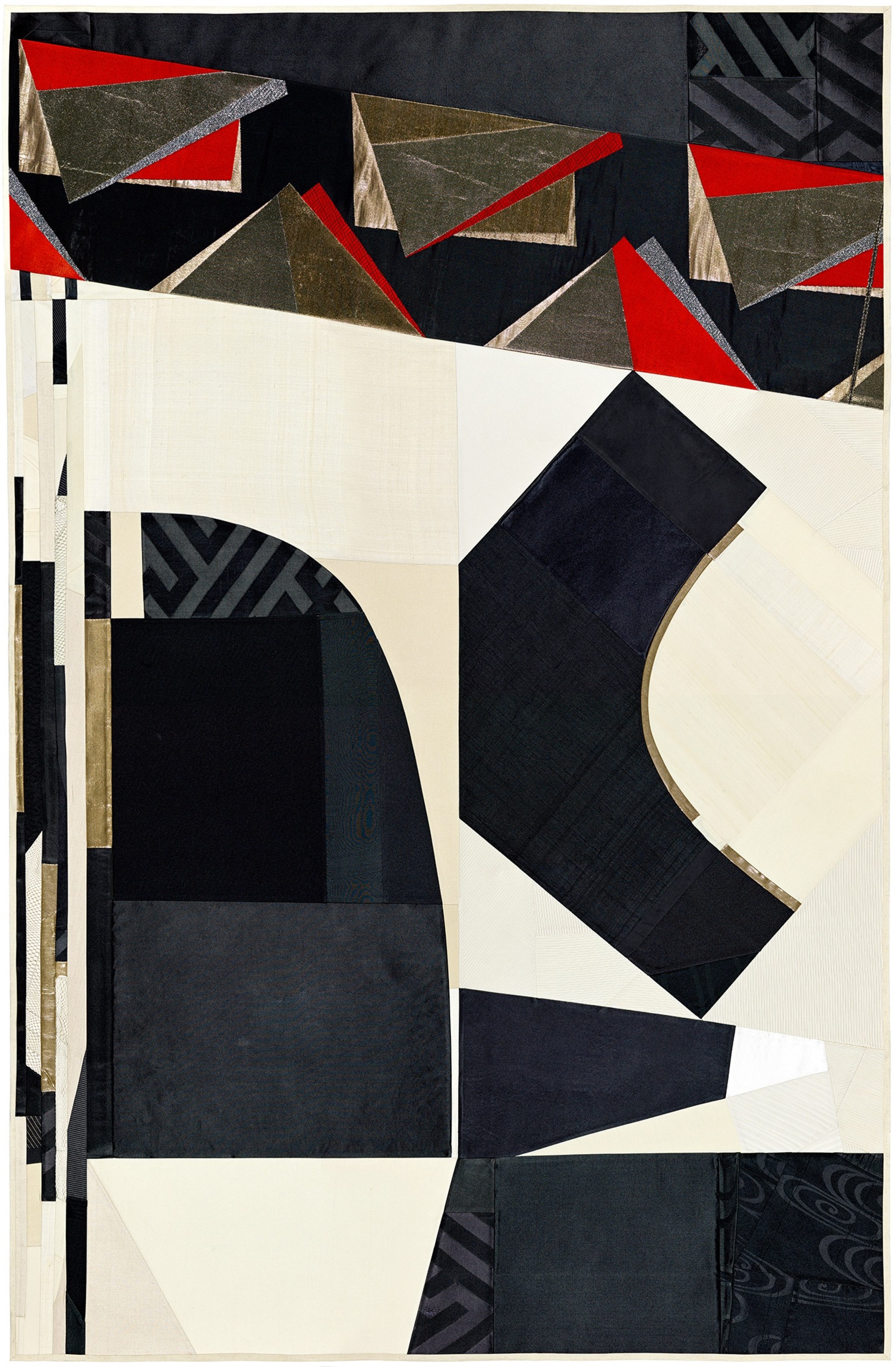 Abstract collage composition featuring geometric shapes and angular forms in black, cream, red, and muted olive tones. Layered pieces of vintage silk with varying textures create a dynamic arrangement of triangular roof-like shapes at the top, curved and rectangular forms in the center, with a striking interplay of translucent and opaque materials throughout.