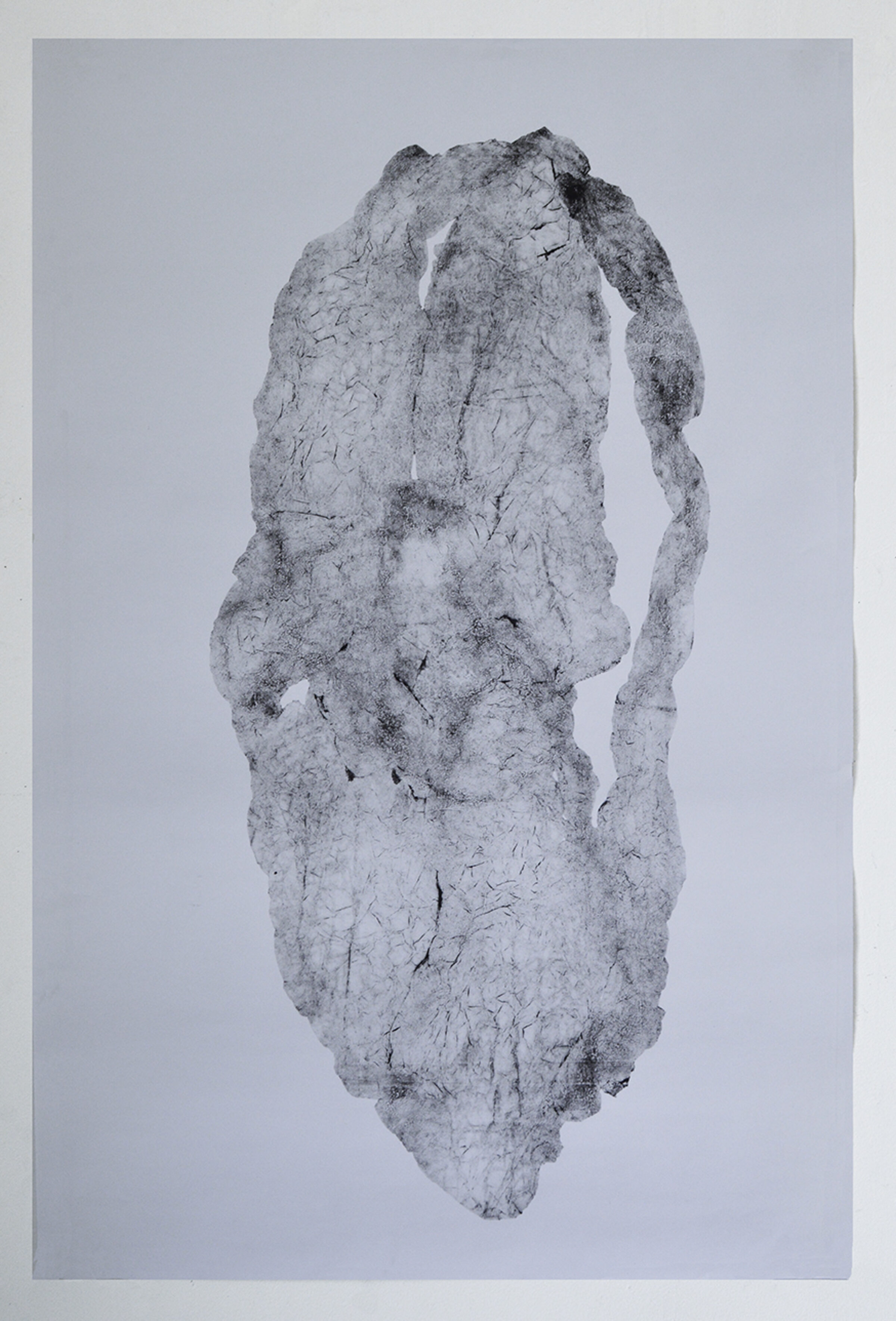 A vertical monoprint in grayscale depicting an abstracted, columnar form with a textured surface of fine lines and organic marks. The pale composition emerges from a light gray background, its irregular edges and darkened areas creating depth and dimensional quality across the elongated shape.