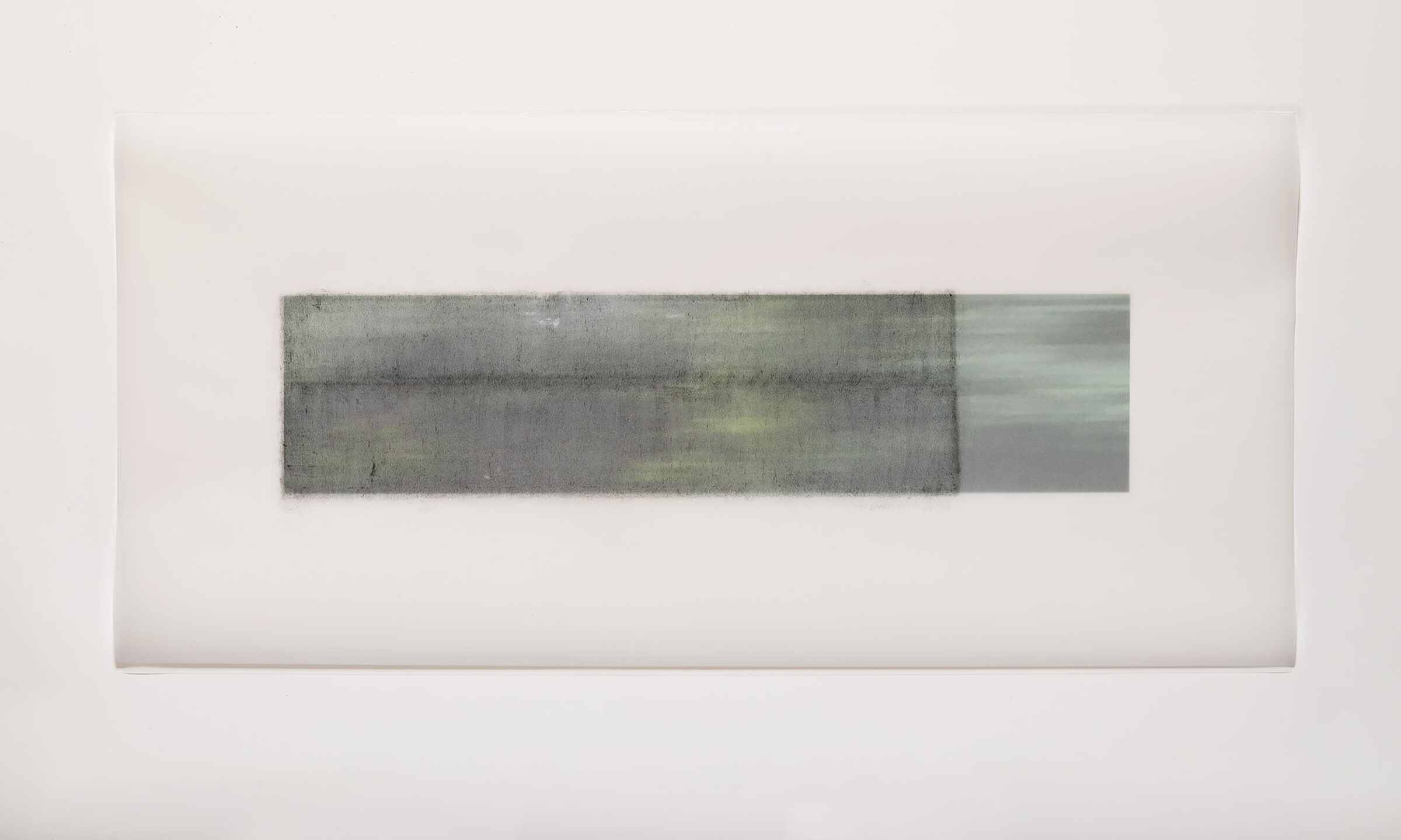 Horizontal rectangular composition featuring layered translucent bands of muted gray and green tones against a pale background, creating an atmospheric effect suggesting movement or water flow through overlapping planes.