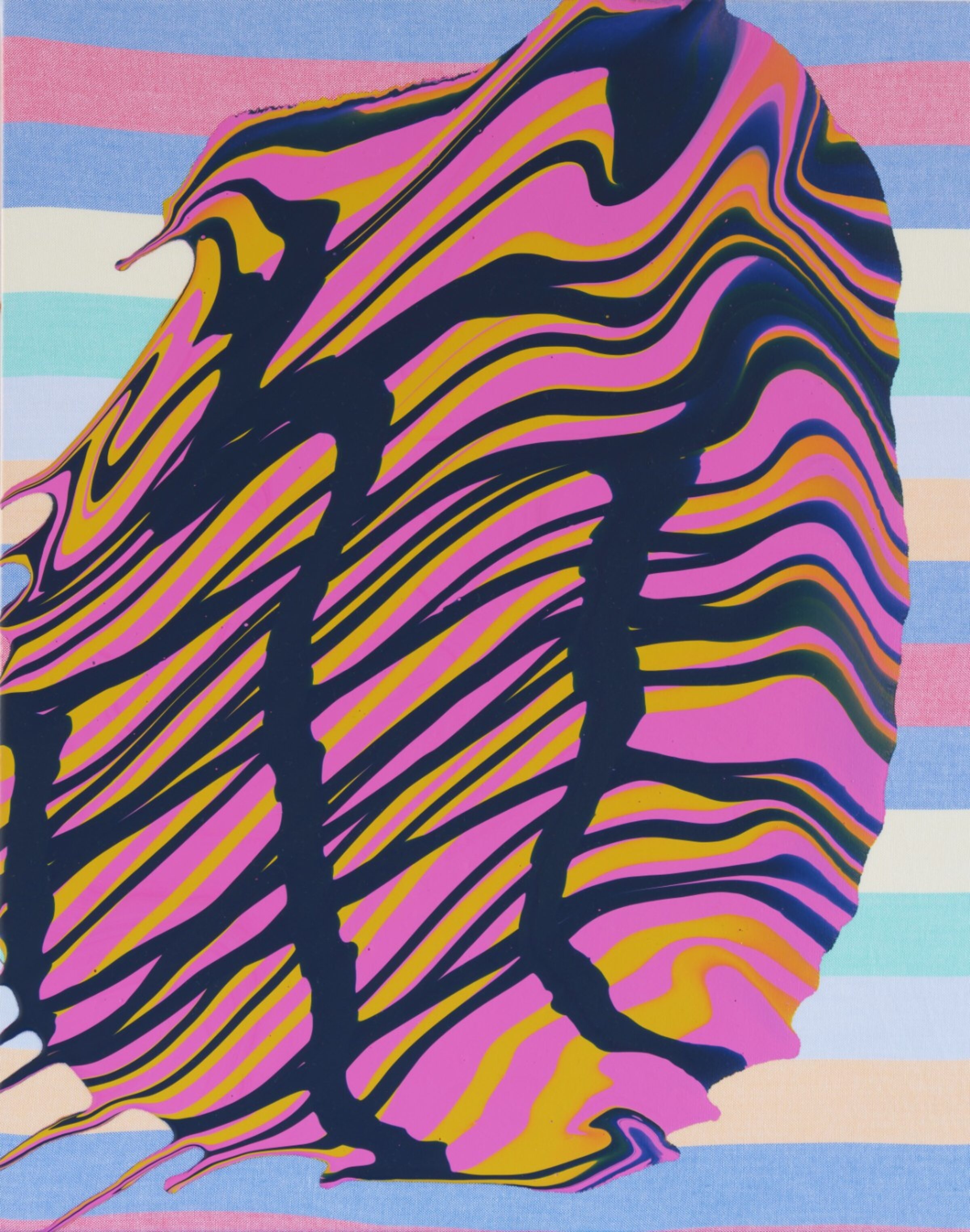 A vibrant abstract profile of a head in silhouette, filled with flowing wavy lines in hot pink, golden yellow, and navy blue. The figure is set against a pastel striped background in soft blue, pink, cream, and cyan, creating a bold contrast between the energetic interior and serene backdrop.