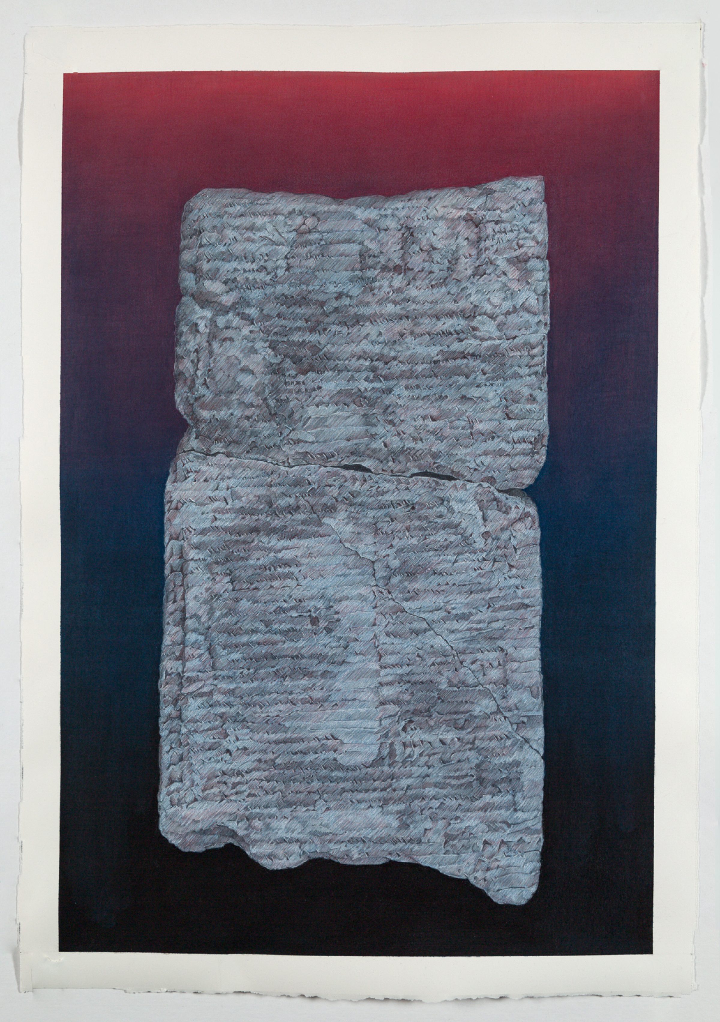 A pale gray textured rectangular stone tablet with cuneiform markings displayed vertically against a gradient background that transitions from deep burgundy at the top to black at the bottom.