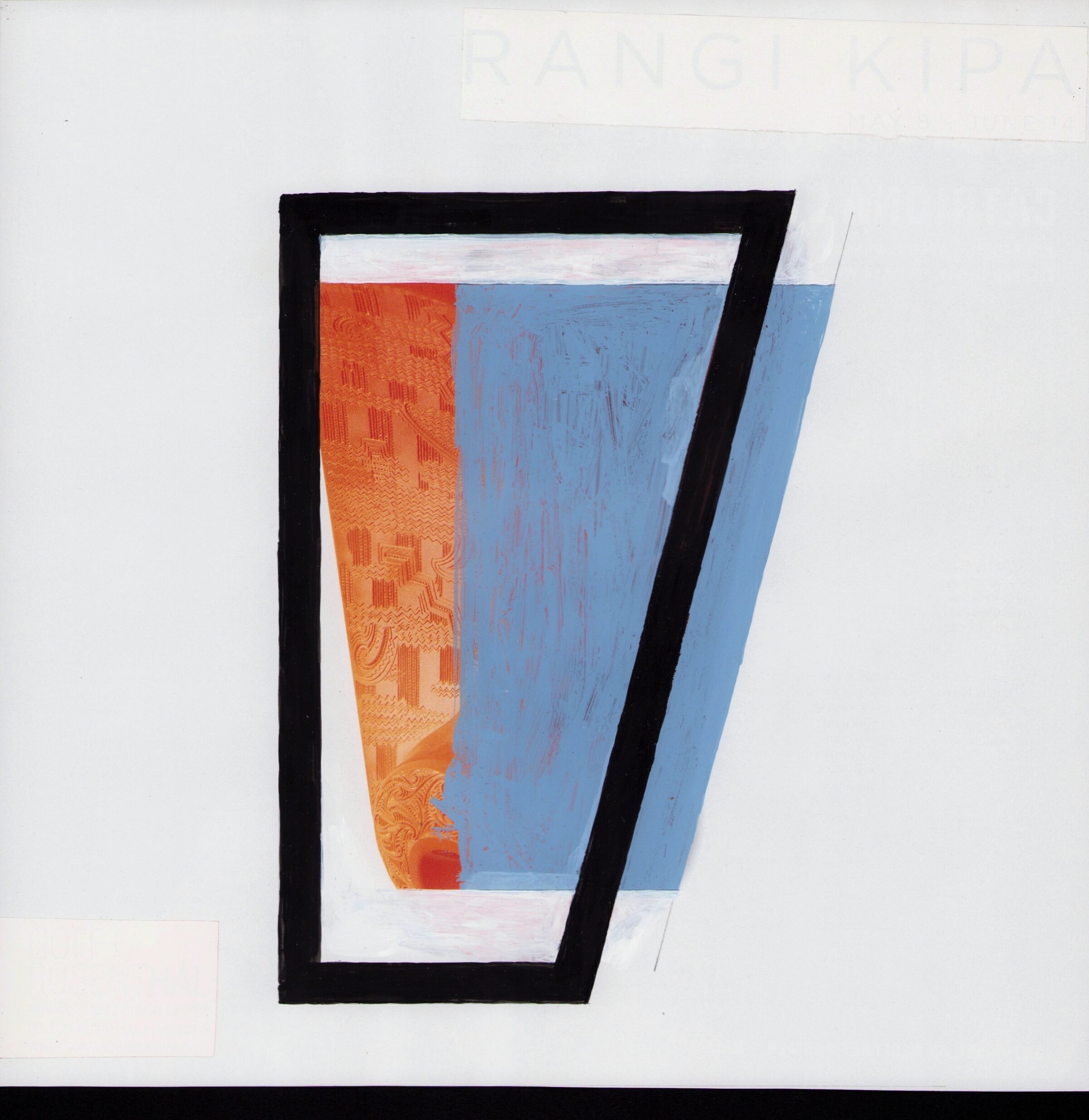 A trapezoid composition with a bold black frame containing an orange patterned rectangle on the left and a blue textured rectangle on the right, separated by a white band, set against a light background with subtle blue and white overlapping elements extending beyond the frame.