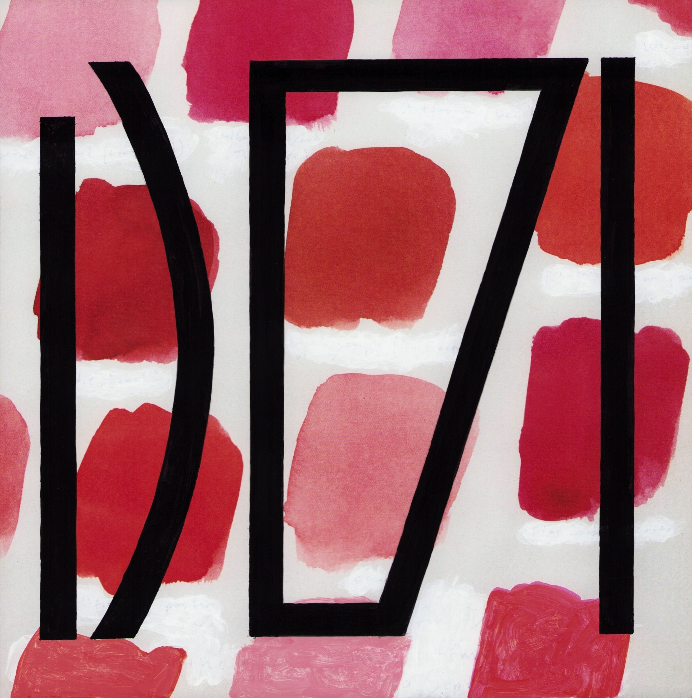 Bold black geometric lines form an abstract composition against a background of red and pink watercolor brushstrokes on white. The angular shapes create a fragmented, layered effect across the textured surface.