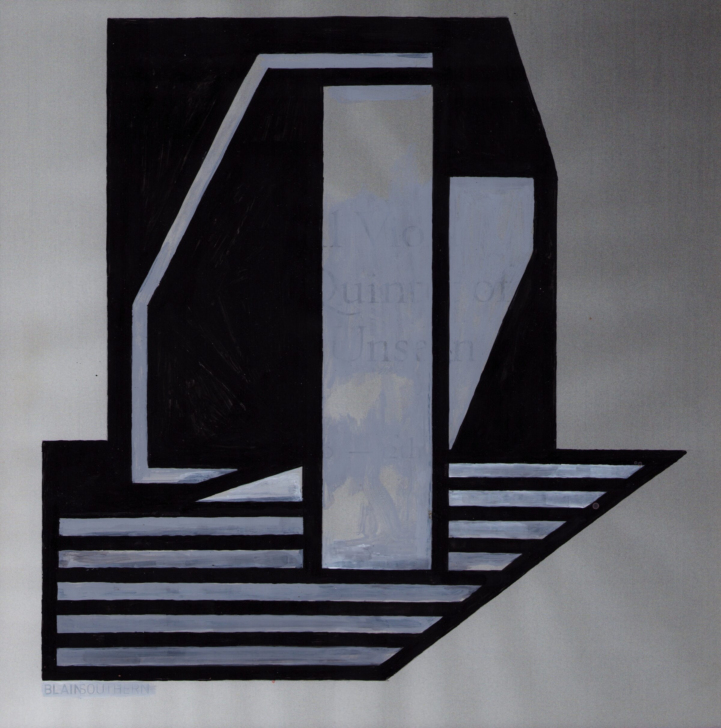 Geometric abstract composition featuring stark black angular forms framing pale blue and white rectangular shapes arranged in a layered, isometric perspective. The work creates an illusion of depth through contrasting dark and light tones applied to repurposed printed paper.