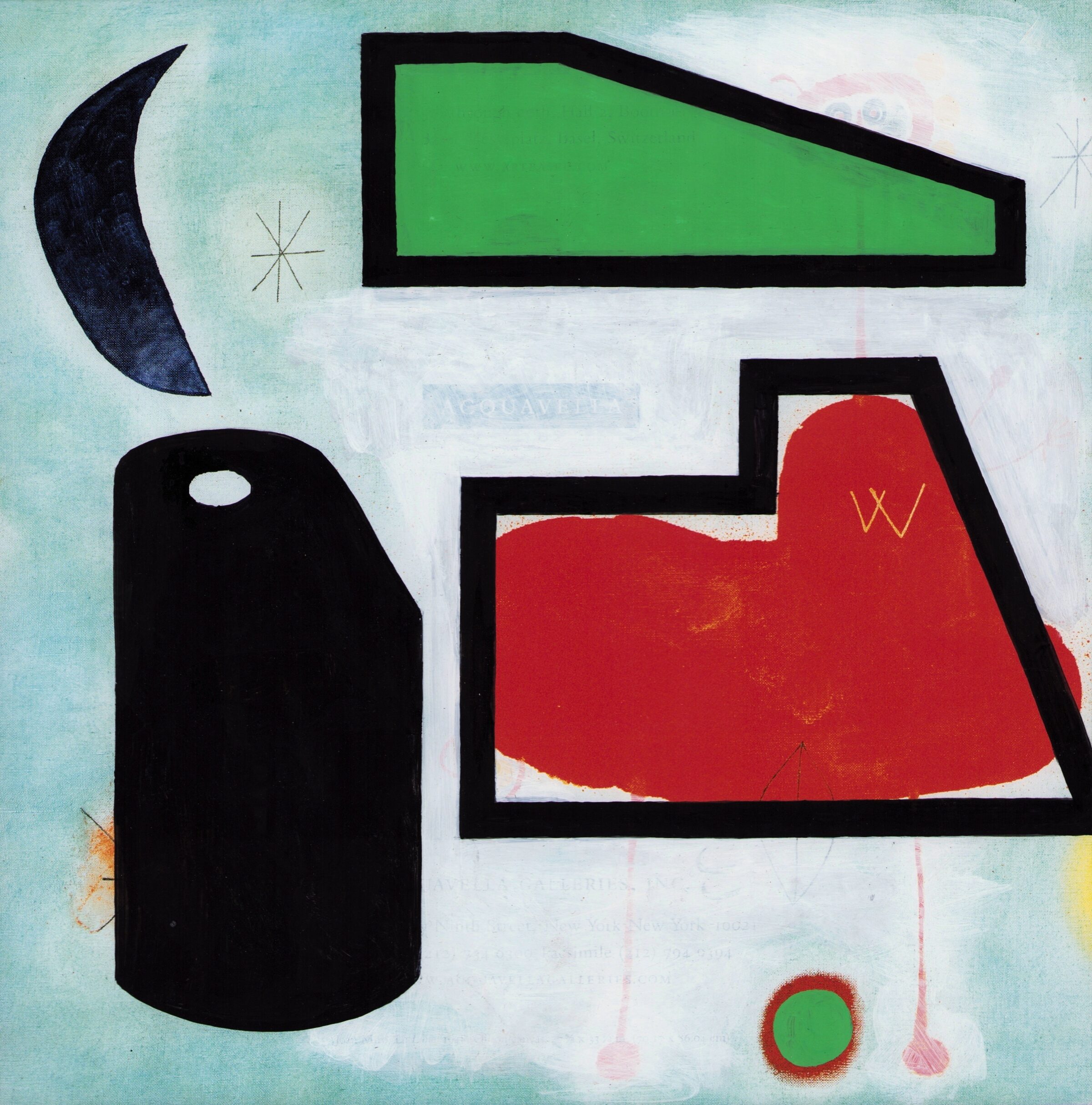 Abstract composition featuring geometric shapes in bold primary colors—a green rectangle with black border at top, a red trapezoid form at center right, and a black rounded cylindrical shape at left—set against a pale blue-green background with white passages, small star motifs, and subtle layered text beneath the geometric elements.