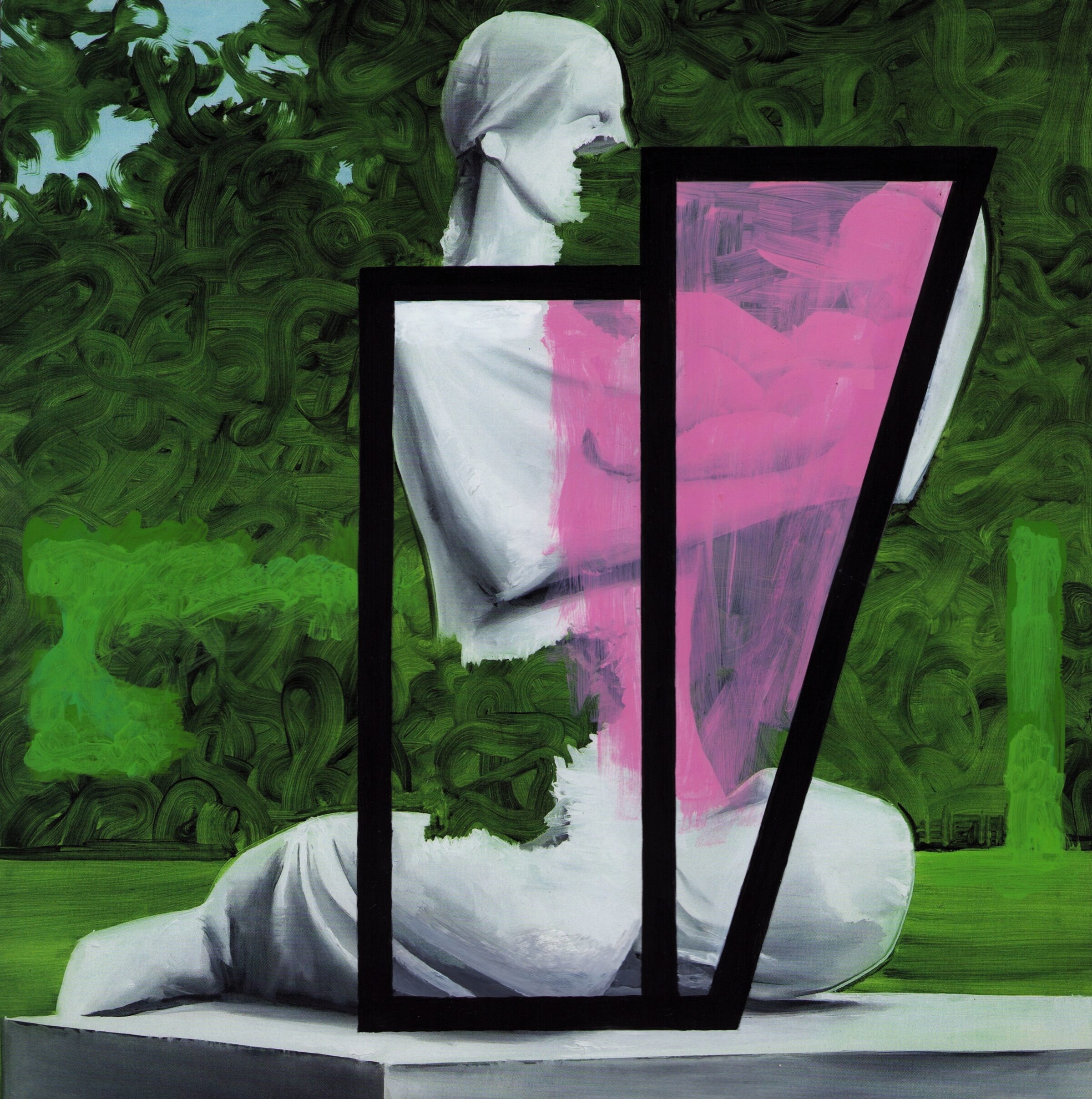 A classical white sculptural figure in profile sits against a vibrant green patterned background, with two black-framed rectangular sections overlaid across the torso and torso area, revealing magenta and pink hues beneath. The composition blends figurative representation with geometric abstraction, layering monochromatic and chromatic elements across the composition.