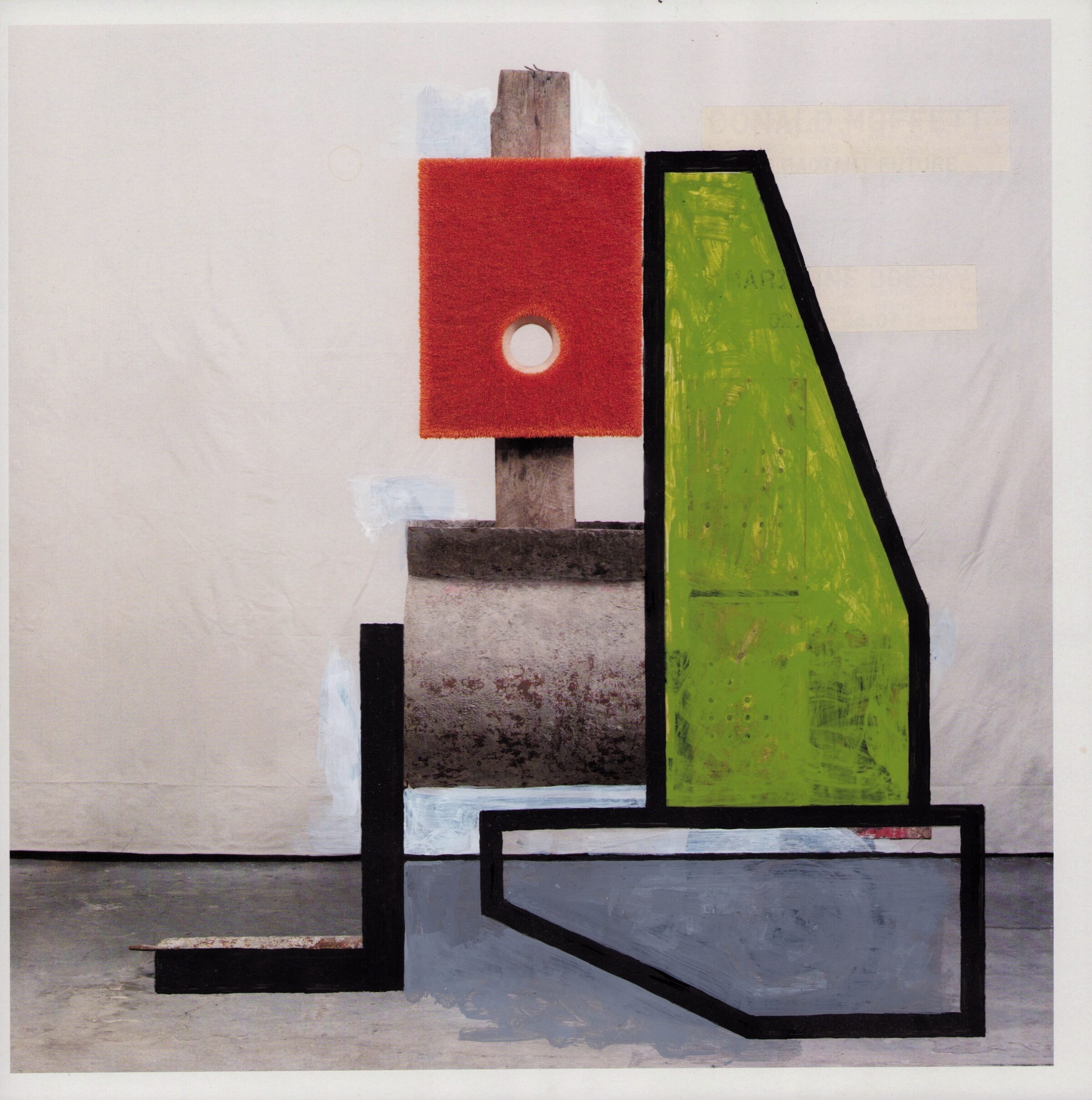 Abstract mixed-media composition featuring layered geometric forms in red, lime green, black, and gray, with collaged photographic elements including a wooden post and textured surfaces creating a three-dimensional, sculptural effect against a neutral background.