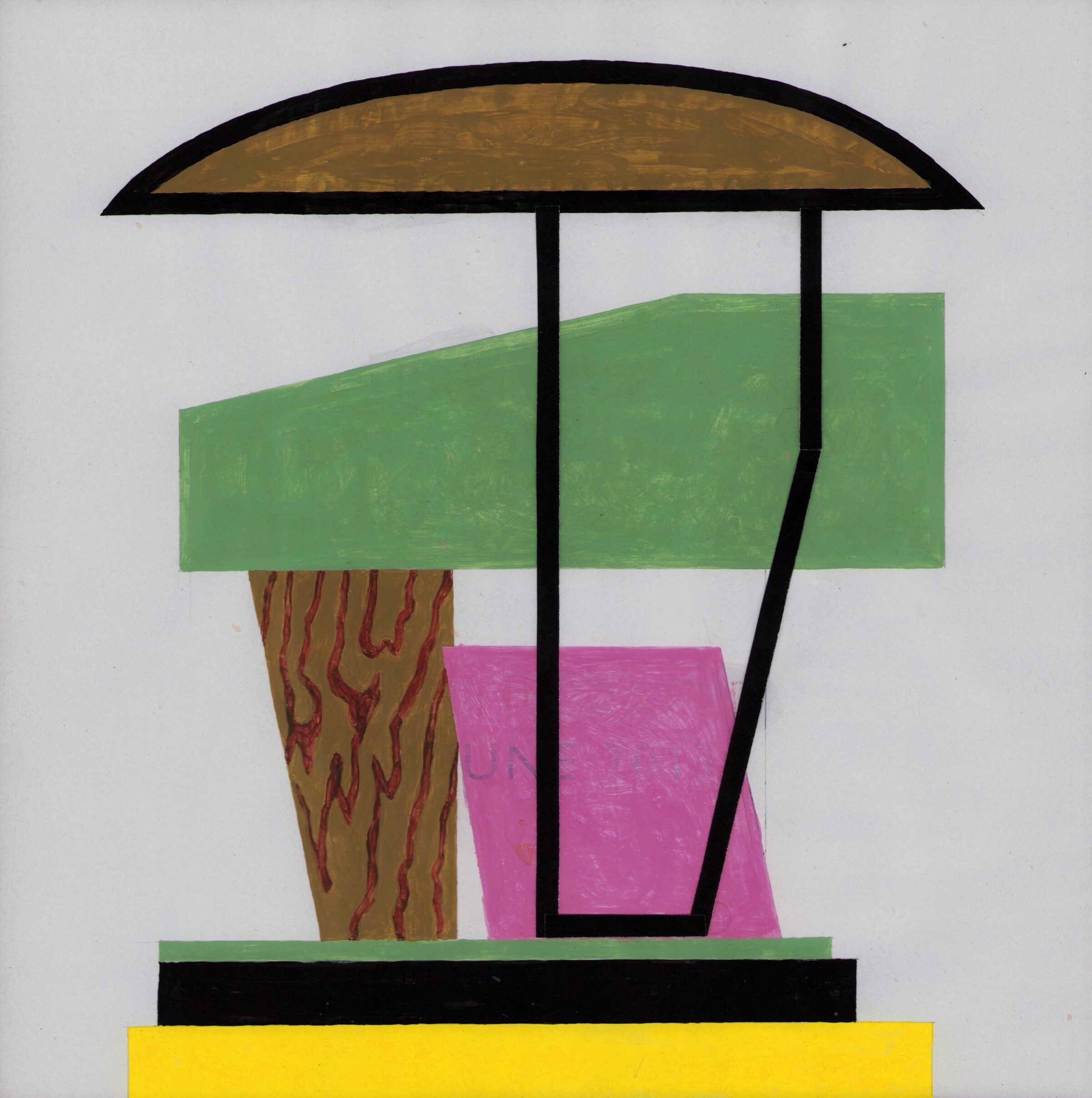 Geometric abstraction featuring a stylized structure with a brown canopy top, green horizontal band, pink trapezoid form, and textured tree trunk rendered in earthy tones, set against a white background with black linear elements and a yellow base.