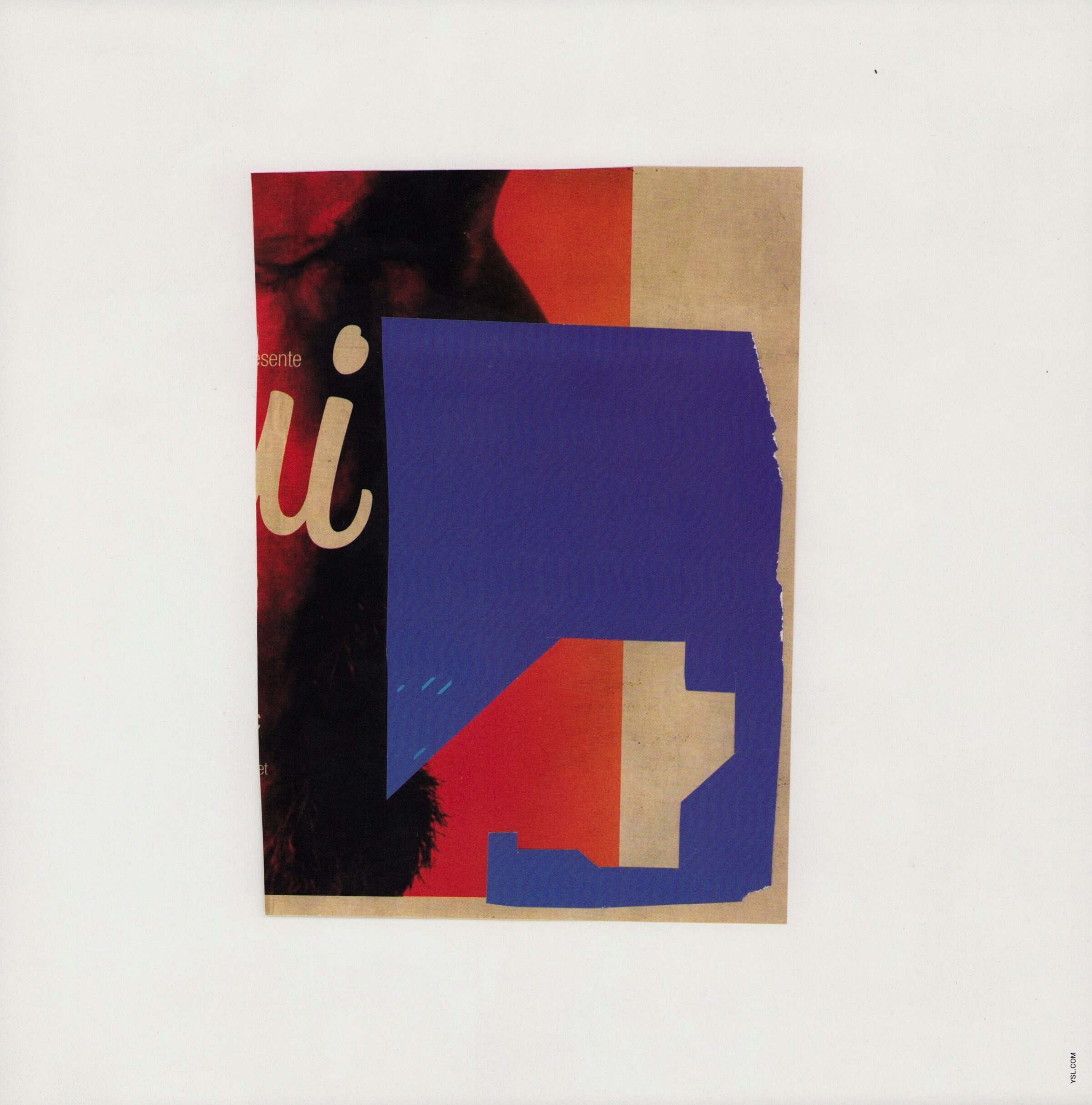 Abstract composition on magazine pages featuring bold geometric shapes in red, blue, tan, and black. A stylized "U" form in tan appears on the left side, while fragmented angular shapes in contrasting colors create a dynamic, layered composition across the rectangular format.
