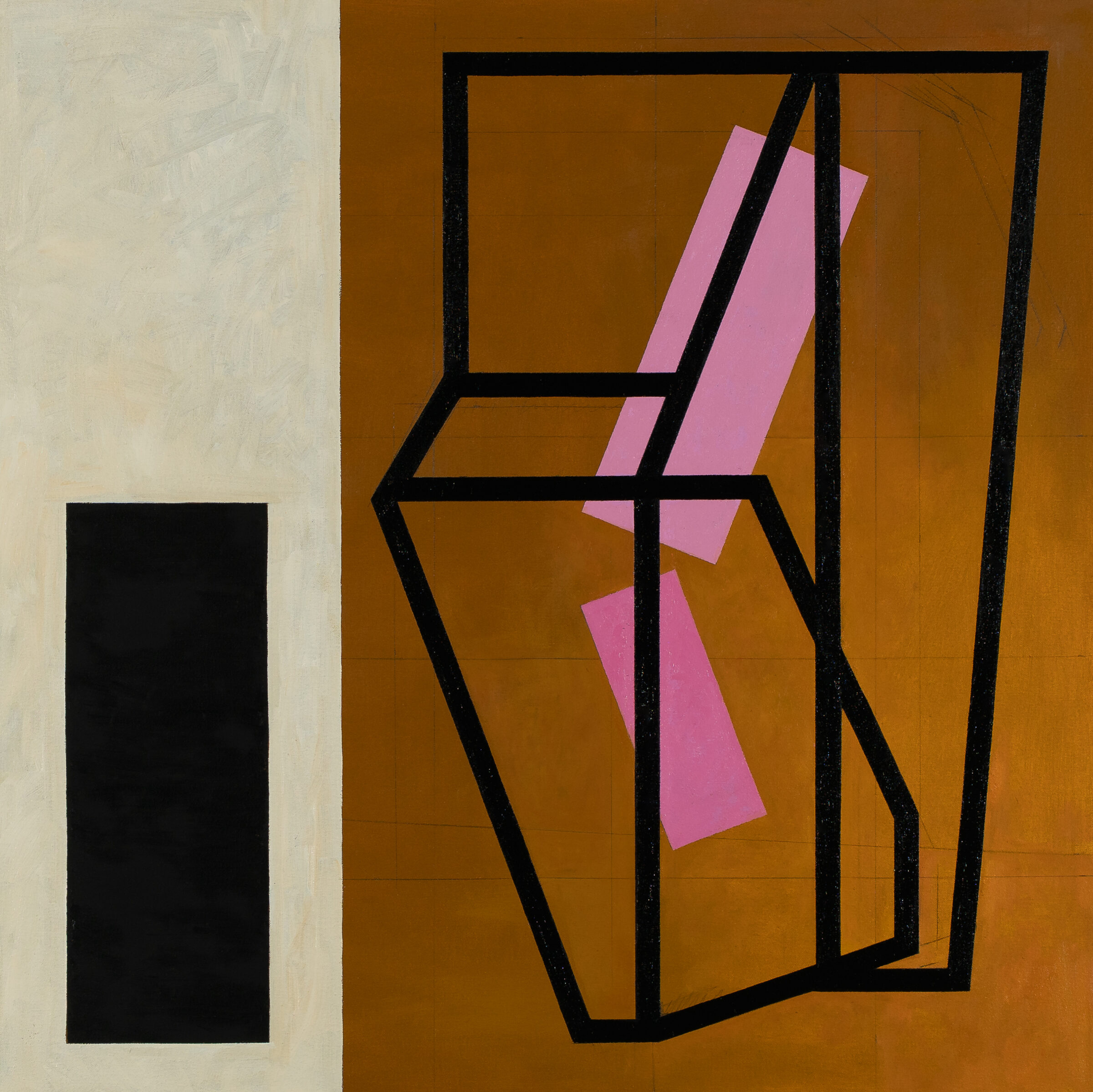 Abstract composition divided into two sections: a cream-colored rectangle on the left containing a black geometric shape, and a warm ochre-brown field on the right with bold black linear forms creating a three-dimensional frame or box structure. Pink geometric planes intersect within the black framework, creating a sense of depth and movement against the warm background.