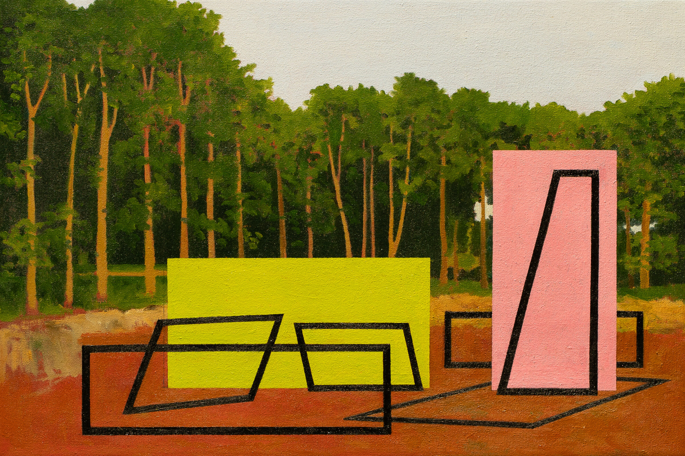 Geometric abstract forms in bright yellow-green and coral pink sit on a rust-colored ground, outlined in bold black lines, set against a densely forested landscape with tall trees in shades of green and ochre under a pale sky.