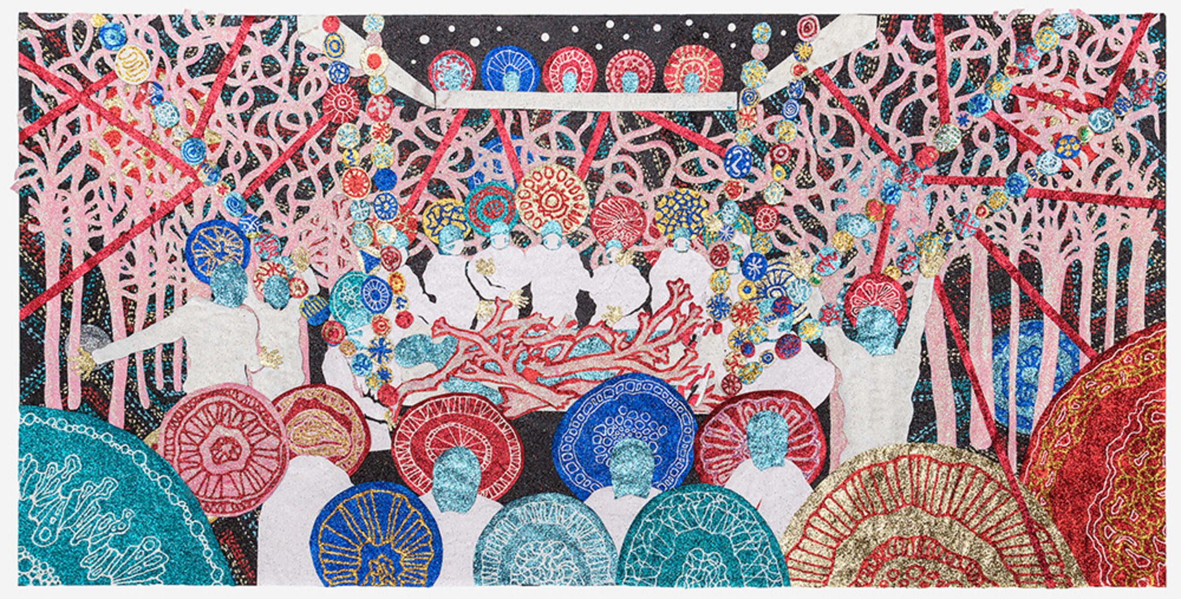 An intricate mixed-media composition featuring delicate cut-paper trees and foliage in pink and cream tones framing a central scene of white birds among ornamental circular medallions. Vibrant colors—turquoise, red, blue, and gold—dominate the lower portion with decorative mandala-like forms embellished with glitter, creating a layered, dreamlike landscape that blends natural and ornamental imagery.