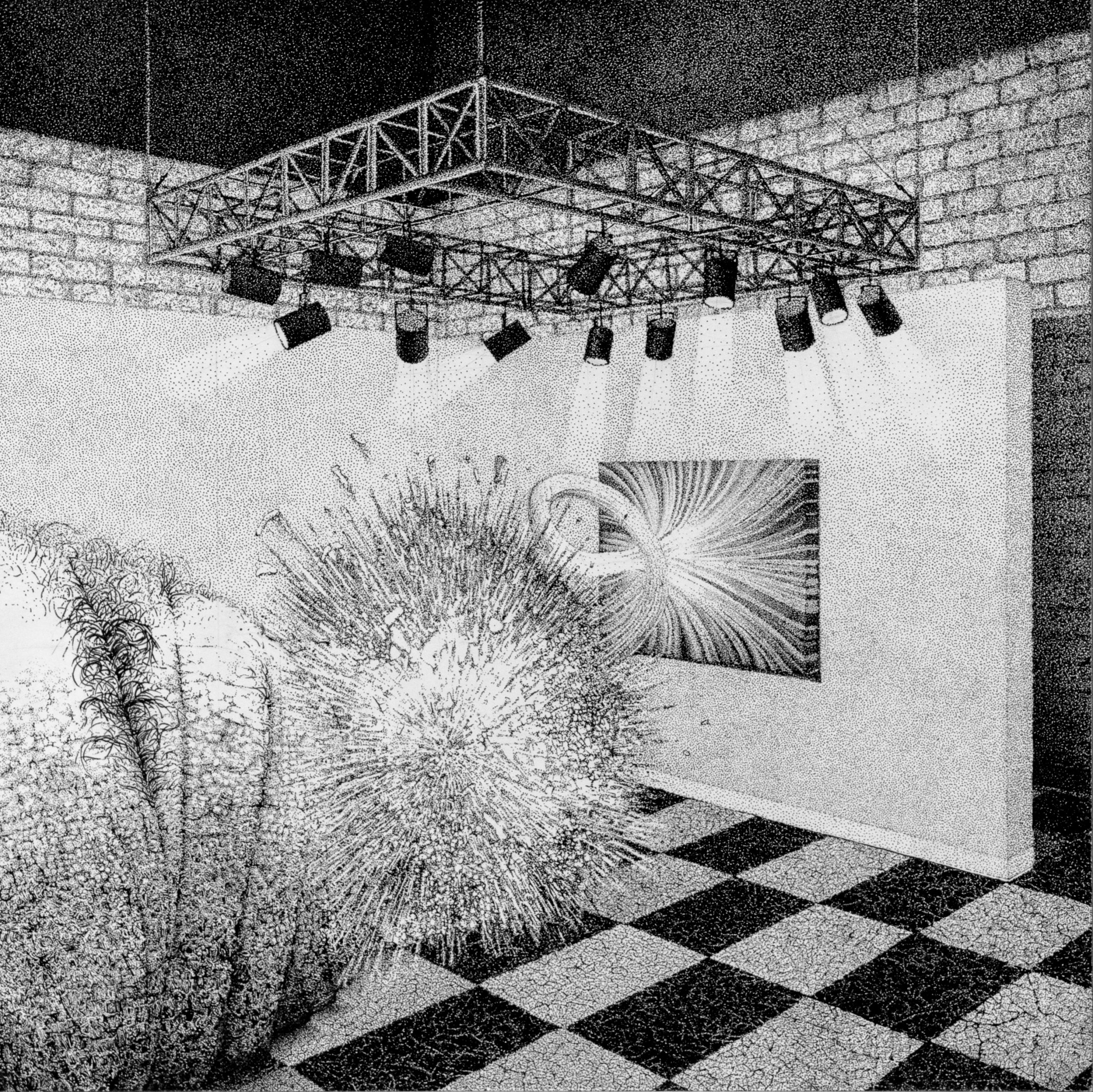 Black and white artwork depicting an interior gallery space with checkered flooring, potted plants, and a gallery wall displaying an artwork with radiating linear patterns. An industrial truss structure with suspended spotlights hangs from the ceiling above, creating a surreal juxtaposition between institutional exhibition design and organic botanical elements.