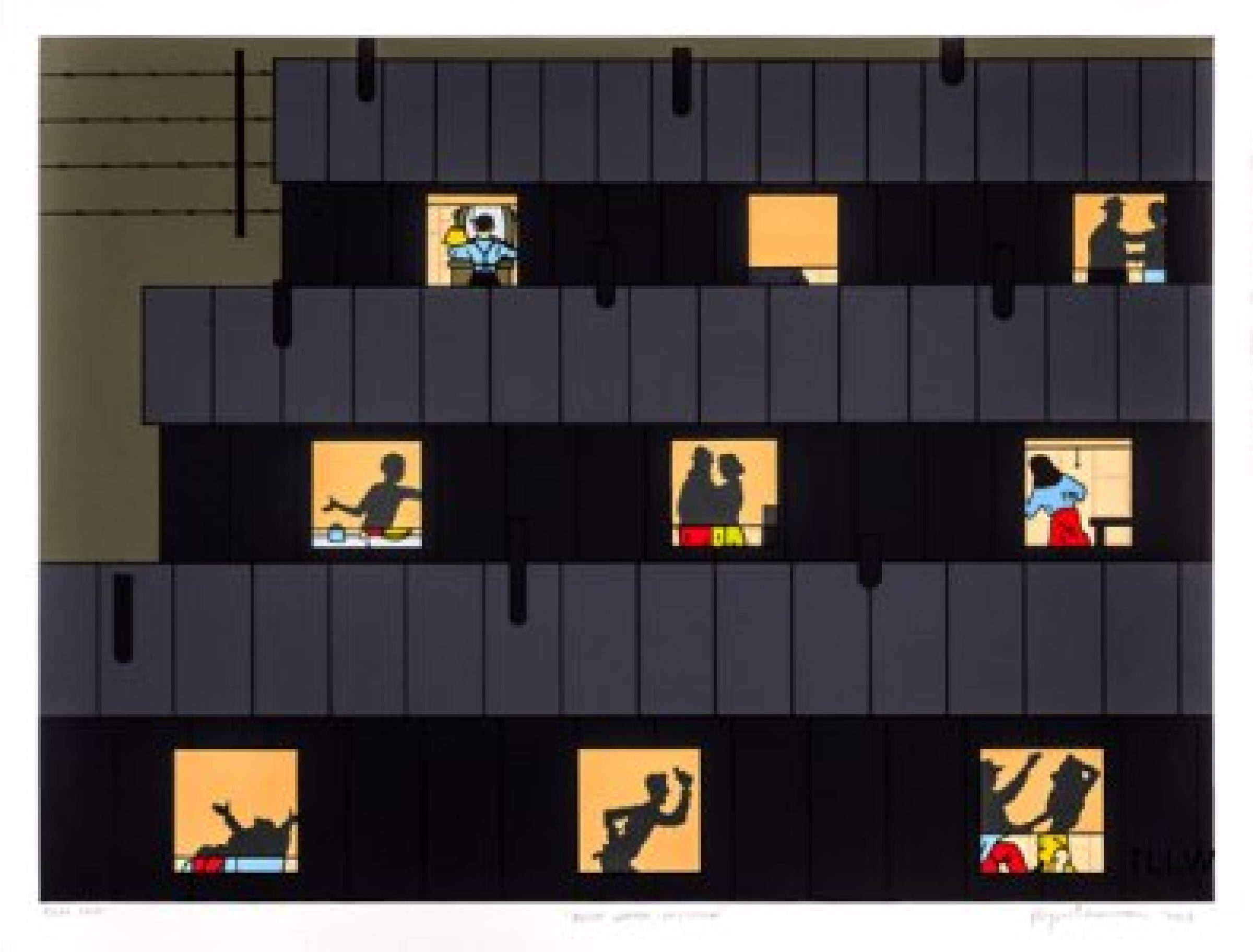 A gridded composition of horizontal dark bands alternating with black spaces, punctuated by small yellow and orange panels containing silhouetted figures in various poses. The figures appear to be engaged in everyday activities, creating a rhythmic pattern across the work's austere architectural structure.