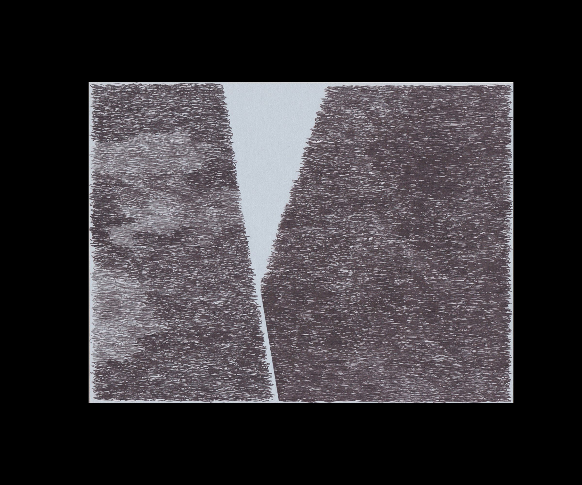 Two textured rectangular forms in dark gray and brown tones face each other across a light gray central void, their surfaces composed of dense, directional mark-making that creates a woven or scratched appearance.