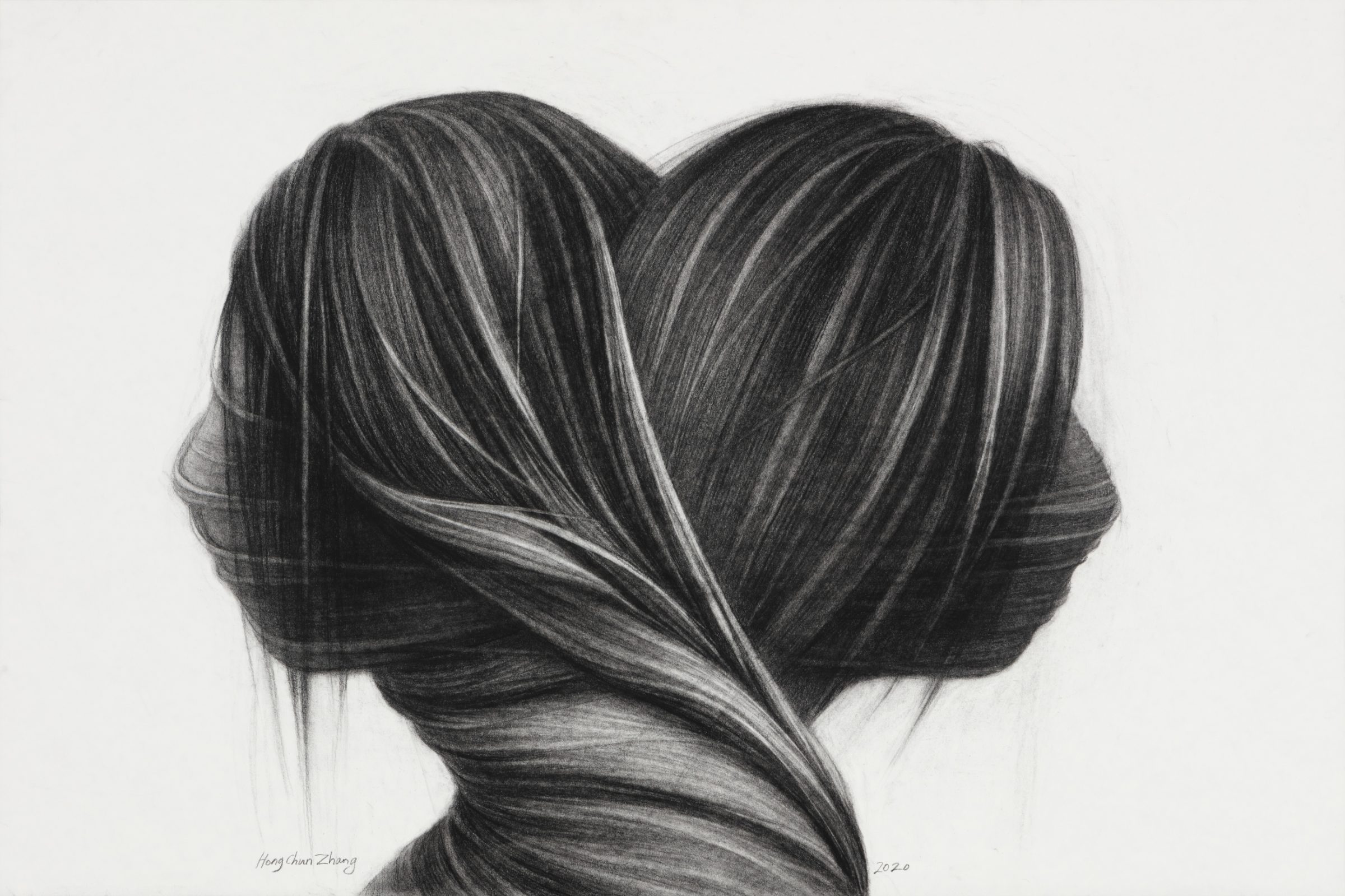 Two figures shown from behind with long dark hair forming a heart shape, rendered in charcoal with delicate linear hatching that creates volume and movement throughout the composition.