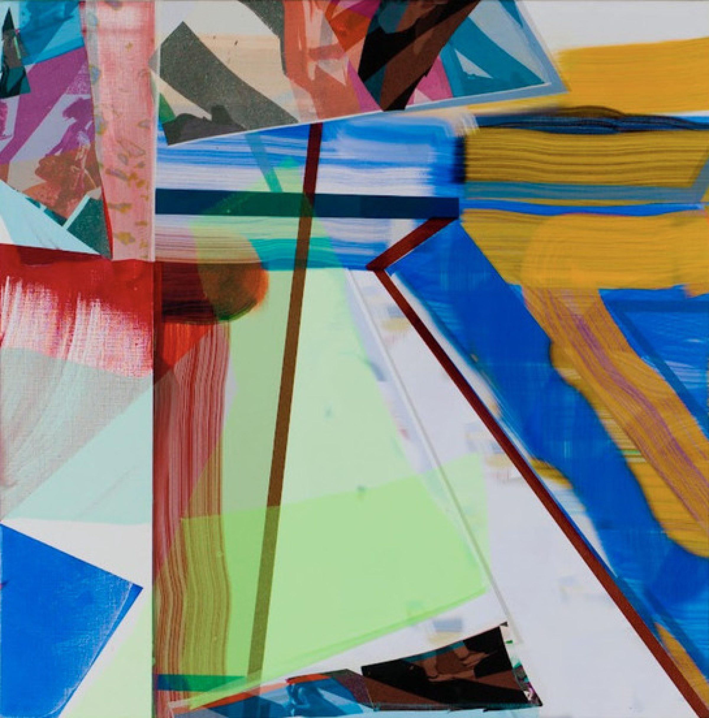 Abstract composition featuring overlapping geometric shapes in vibrant blues, yellows, reds, and greens. Layered transparent and opaque materials create depth, with visible brushstrokes and linear marks intersecting across the canvas, suggesting movement and fragmentation.