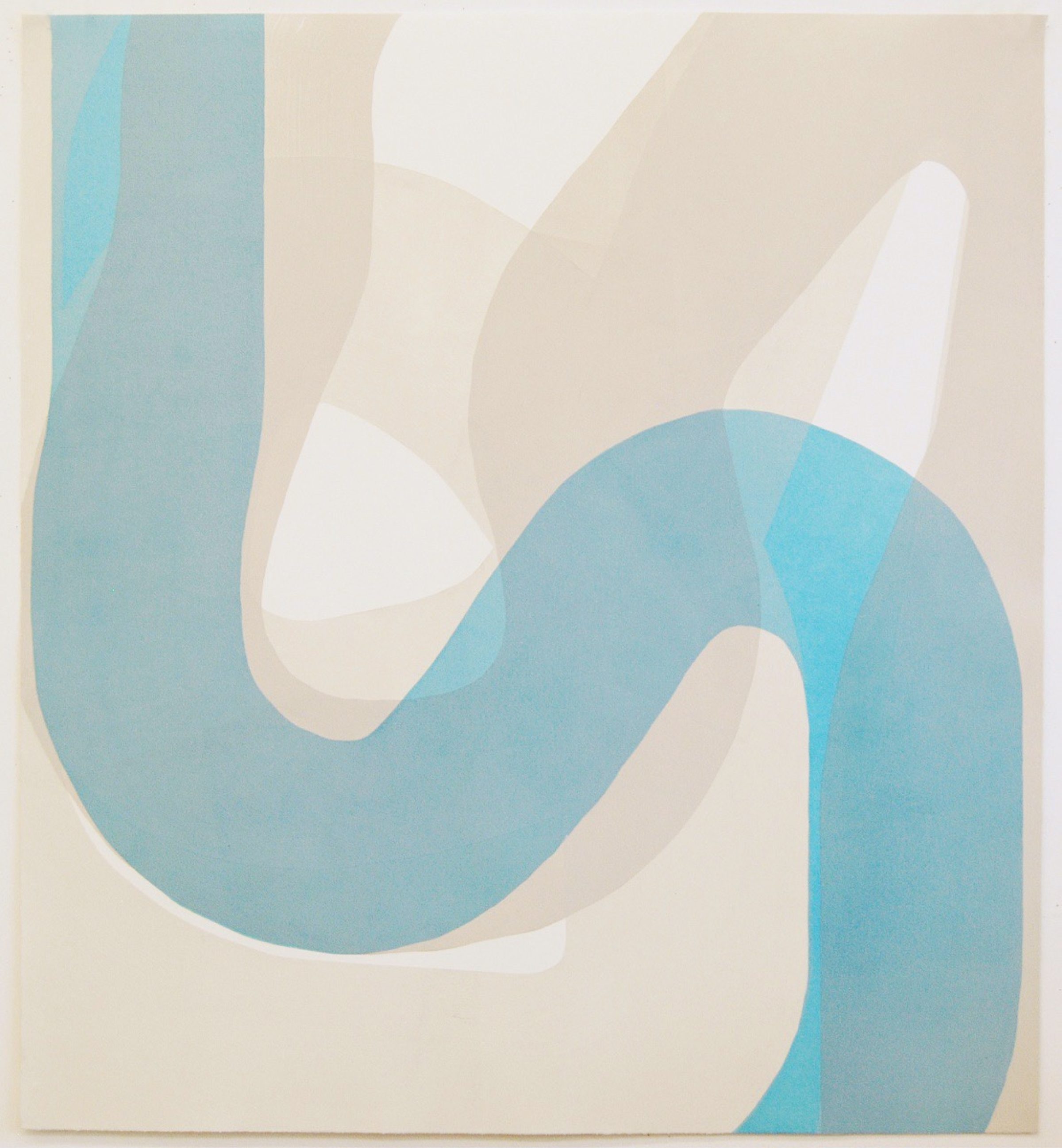 Abstract relief print featuring organic, flowing forms in soft teal blue against a cream and beige background. Interlocking curved shapes create a sense of movement, with subtle layering and dimensional quality characteristic of the relief printing technique.