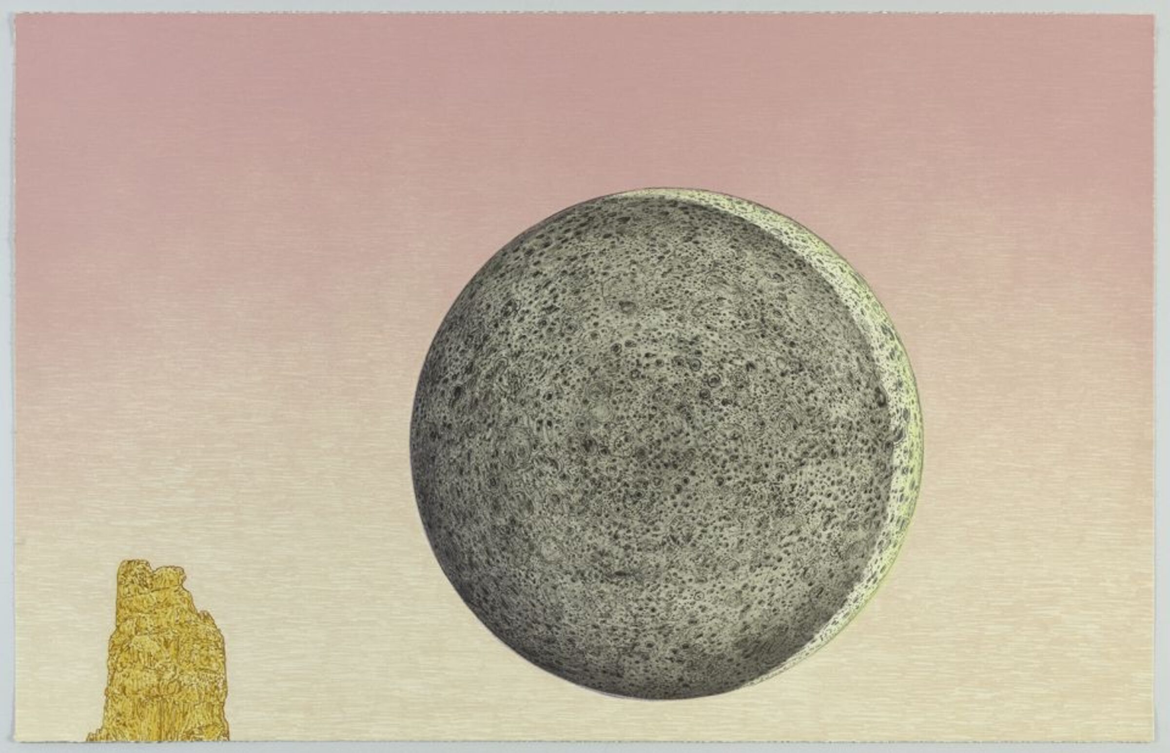 A gray textured sphere dominates the right side of the composition against a gradient sky transitioning from dusty pink to pale yellow. A small gold-colored rocky form appears in the lower left corner, creating scale contrast with the large celestial body.
