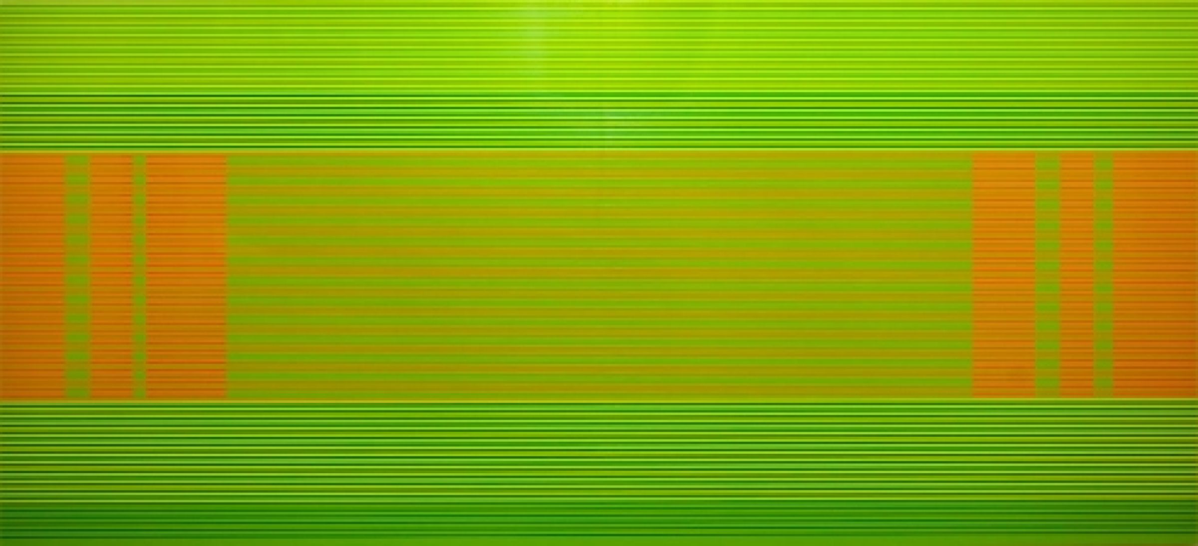 Horizontal composition featuring a lime green field interrupted by vertical orange-red striped sections on the left and right sides, with thin horizontal lines creating a subtle linear texture throughout, separated by solid green bands top and bottom.