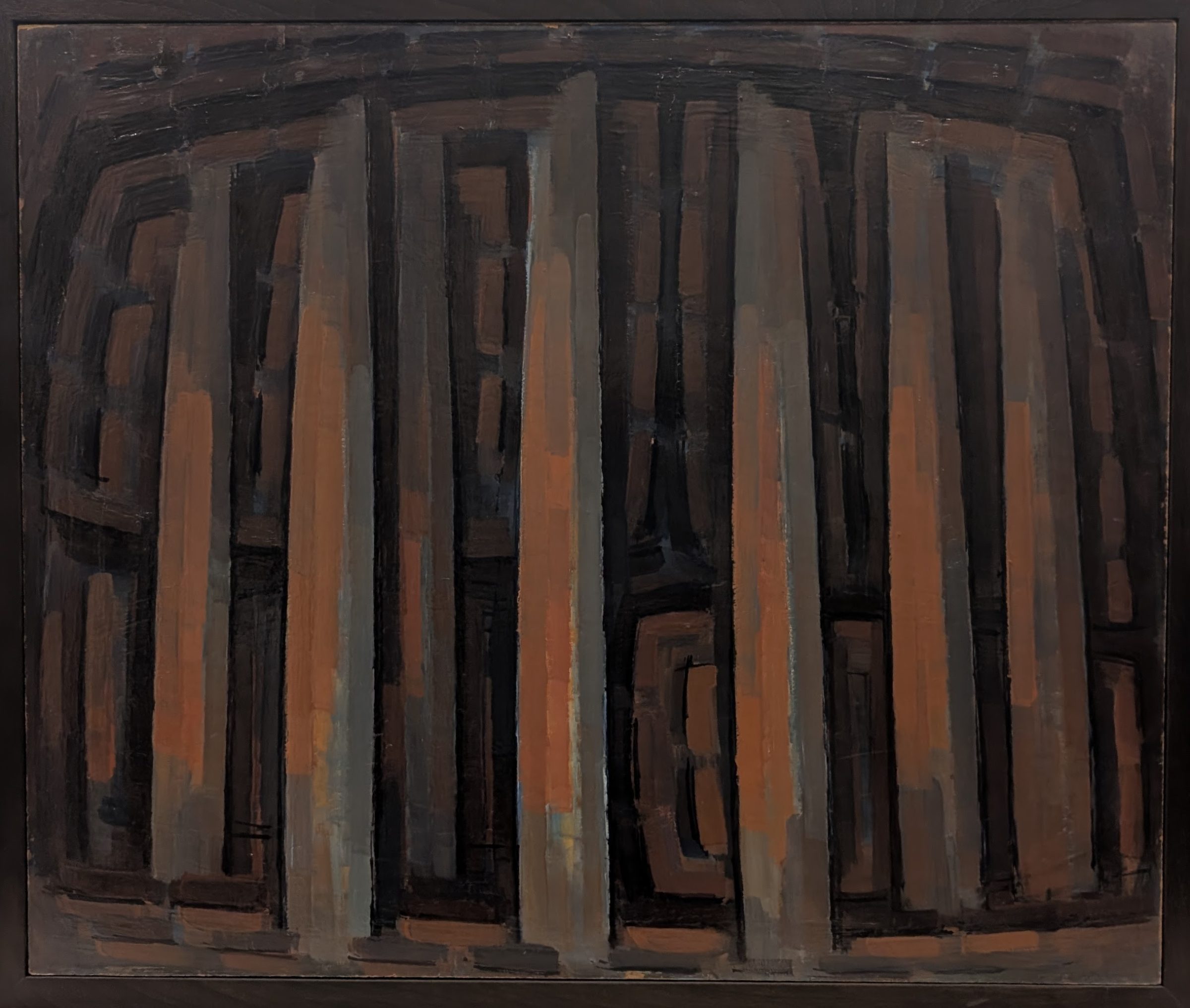 Abstract composition of vertical striped forms in earth tones—rust, brown, and tan—with darker charcoal lines creating a rhythmic columnar structure. The painterly brushwork suggests an interior architectural space or forest of vertical elements receding into depth.