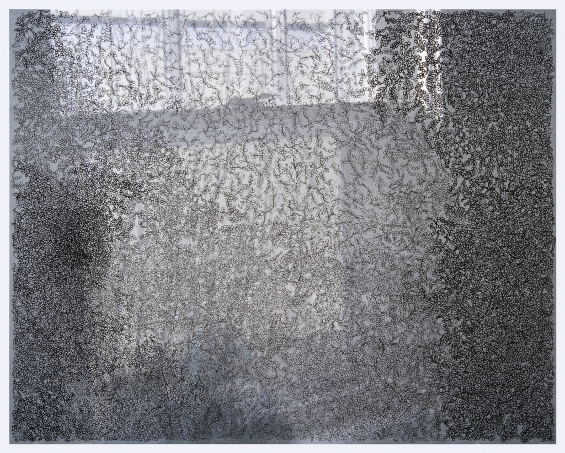 Densely layered abstract composition featuring intricate linear patterns and organic marks in grayscale, transitioning from lighter tones in the center to darker areas at the edges, creating a contemplative, textured surface with varying depths and visual complexity.