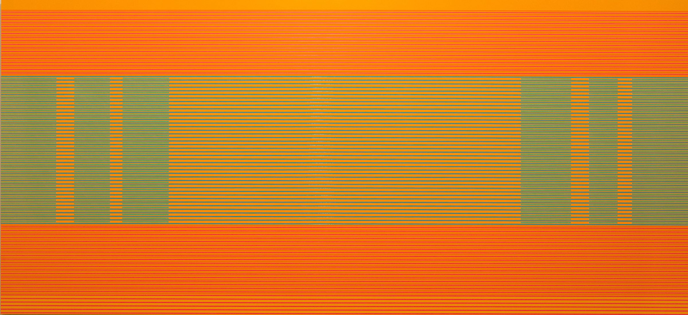 Horizontal composition dominated by thin parallel lines in shades of orange, yellow, and teal. A rectangular band of teal and green tones occupies the center, with orange linear patterns creating fragmented geometric shapes, while the upper and lower sections are filled entirely with orange and red horizontal lines.