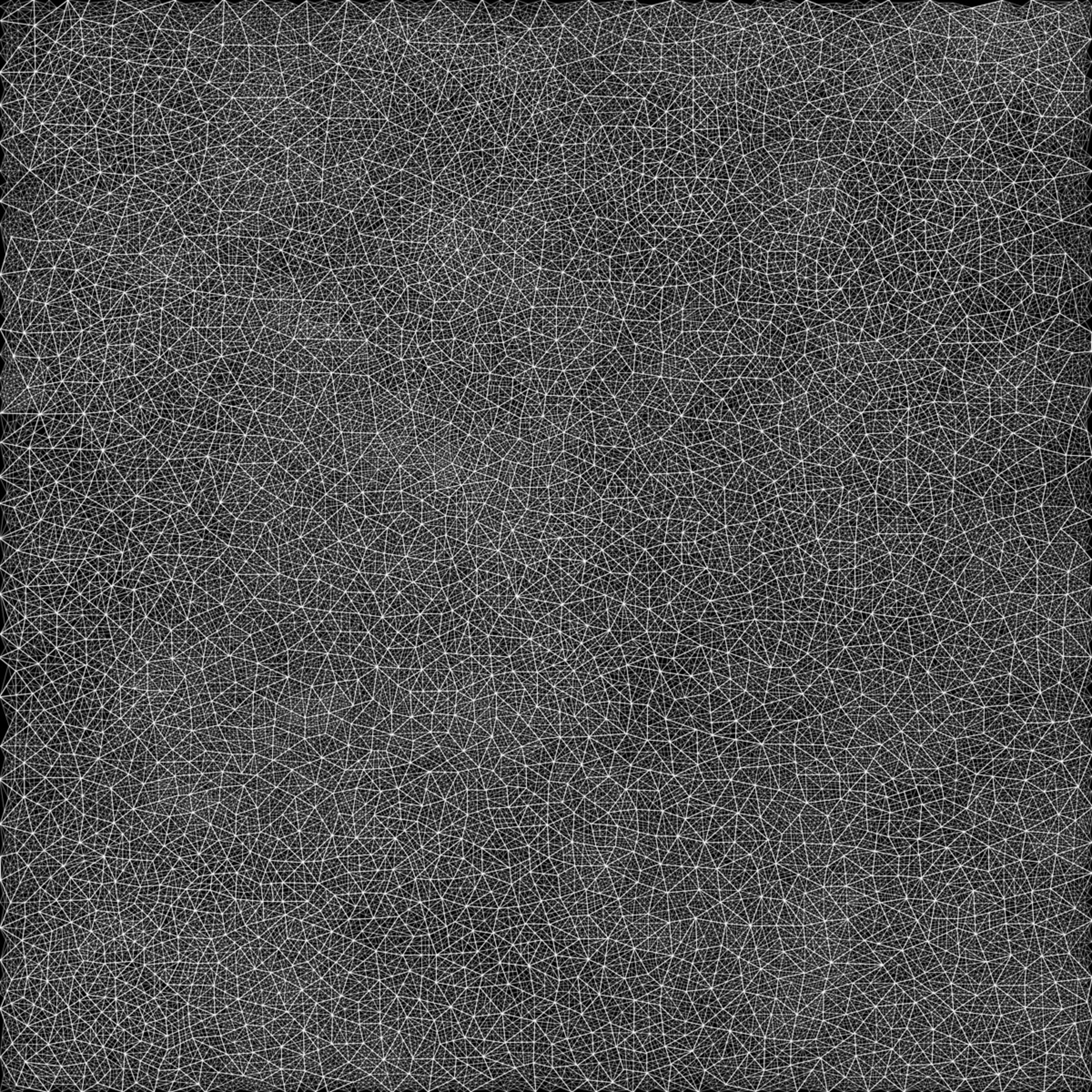 Dense network of thin white lines intersecting across a dark charcoal ground, creating an intricate web of triangular and polygonal forms throughout the composition.