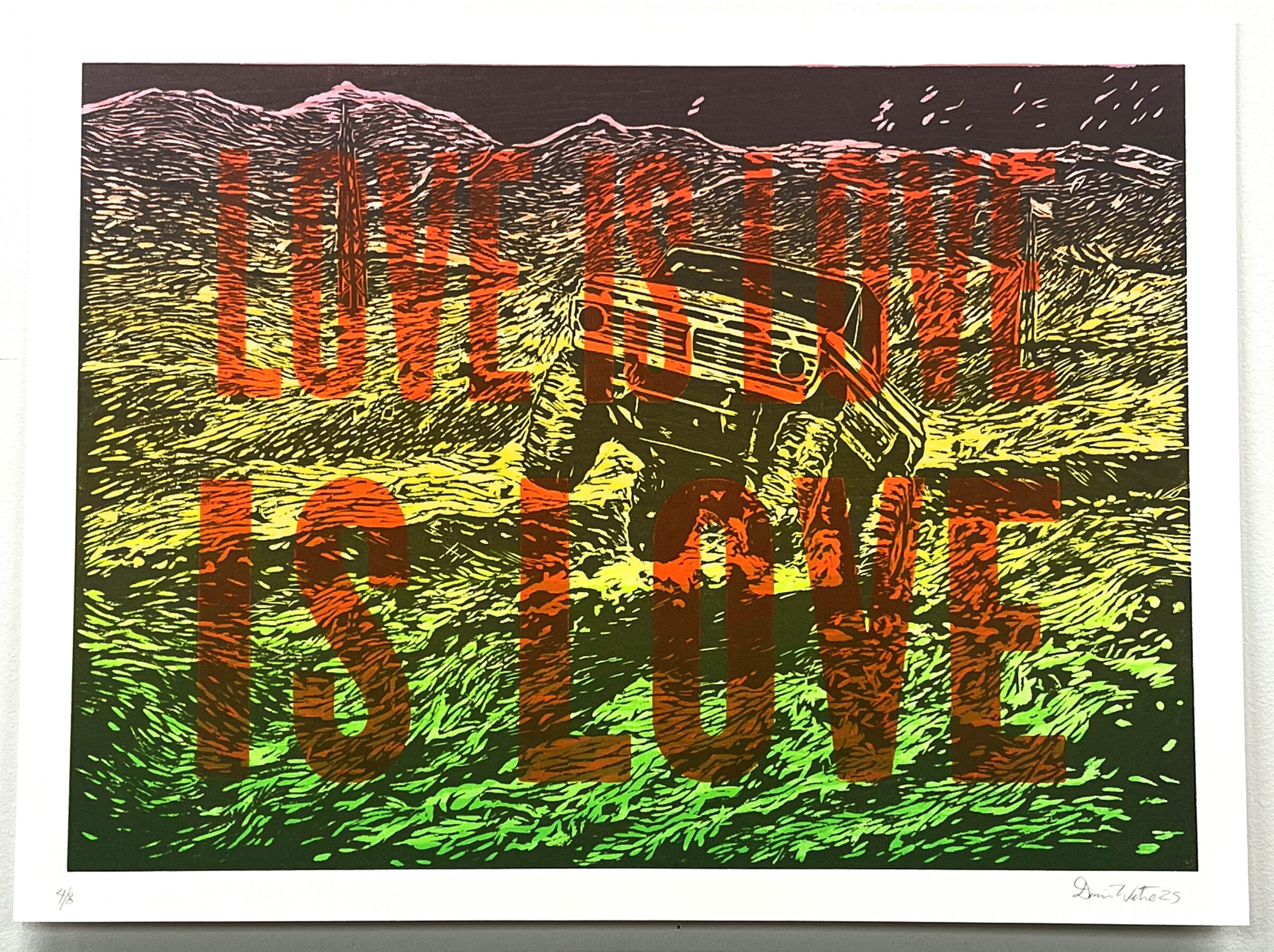 A vibrant woodcut print depicting a jeep navigating a mountainous landscape rendered in bold strokes of orange, yellow, green, and brown. The vehicle is centered in the composition against layered hills and a dark sky, with the landscape's texture created through expressive linear marks characteristic of relief printing.