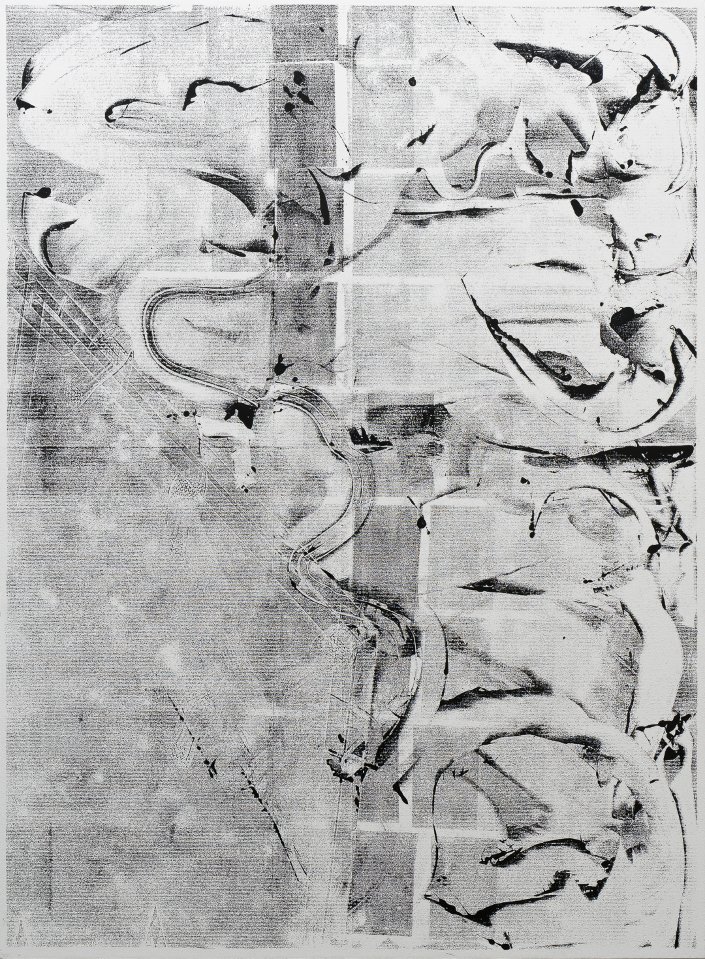 A composition of overlapping profile portraits rendered in black ink and gestural marks against a textured, cream-colored ground. The faces are layered and fragmented, with expressive linear strokes creating movement across the surface, creating an abstract, layered effect that suggests multiple perspectives simultaneously.