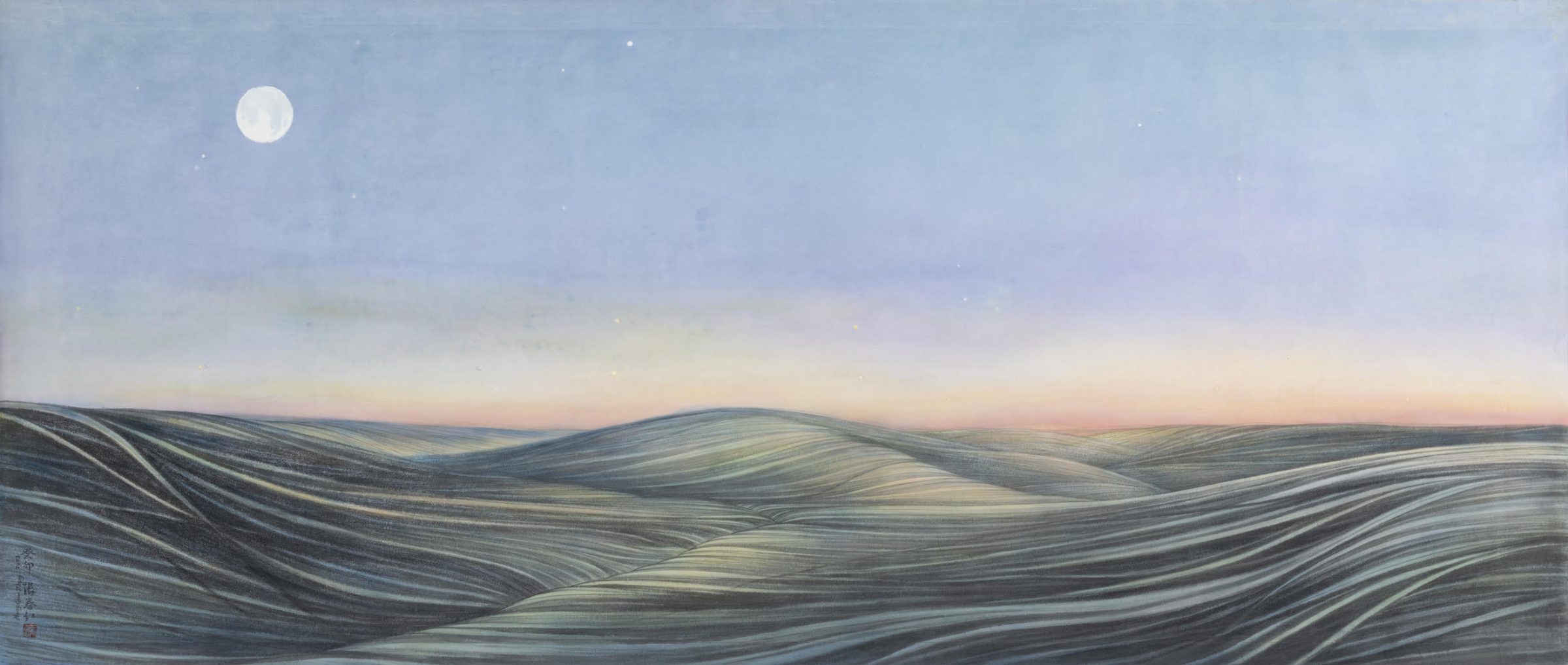 Rolling hills rendered in soft greens and grays stretch across the composition under a twilight sky, with a luminous full moon positioned in the upper left. Delicate brushstrokes create flowing, wave-like patterns across the undulating landscape, conveying a serene, dreamlike quality.