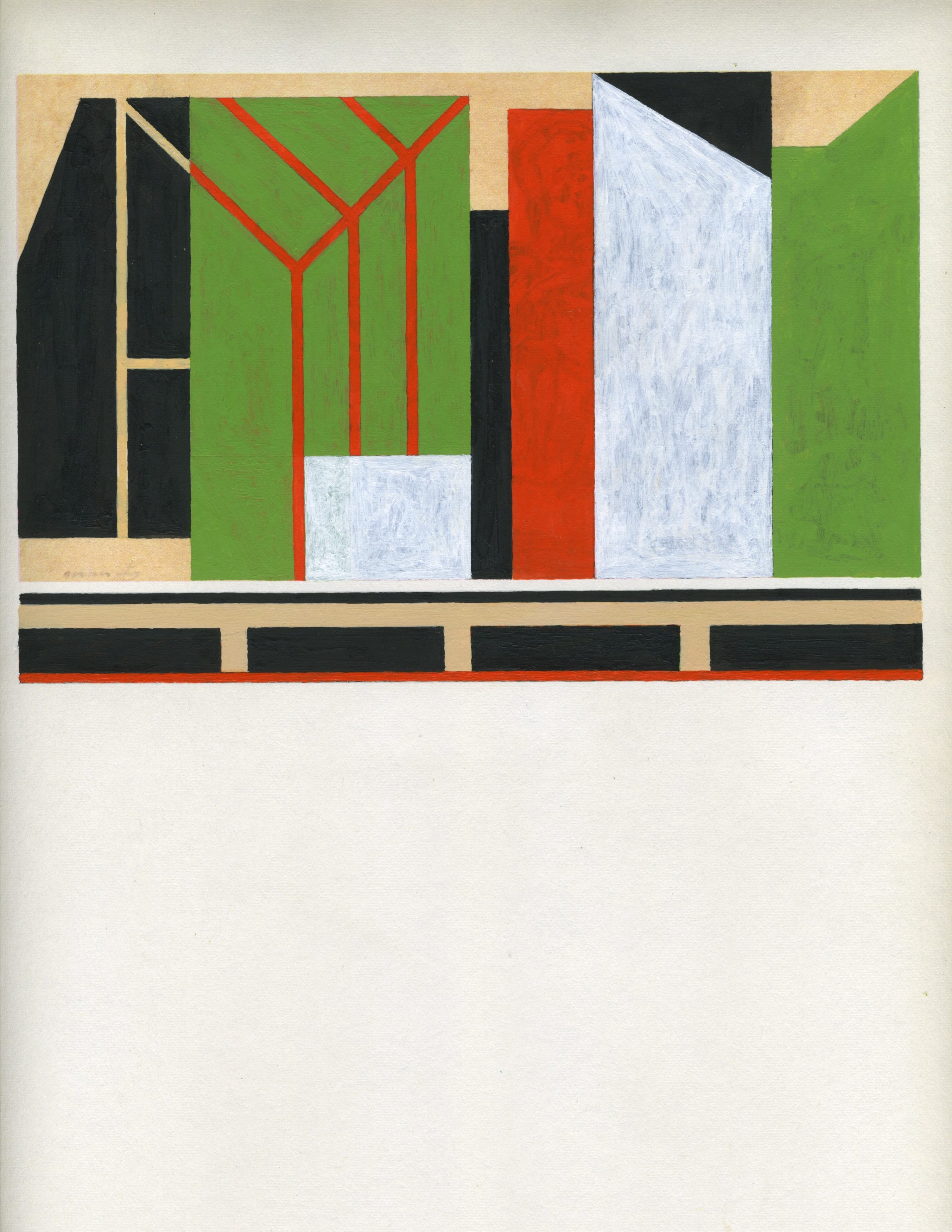 Abstract geometric composition featuring vertical rectangular forms in bright green, black, red, and white arranged against a tan background, with red diagonal lines crossing the upper section and a horizontal striped border at the base.