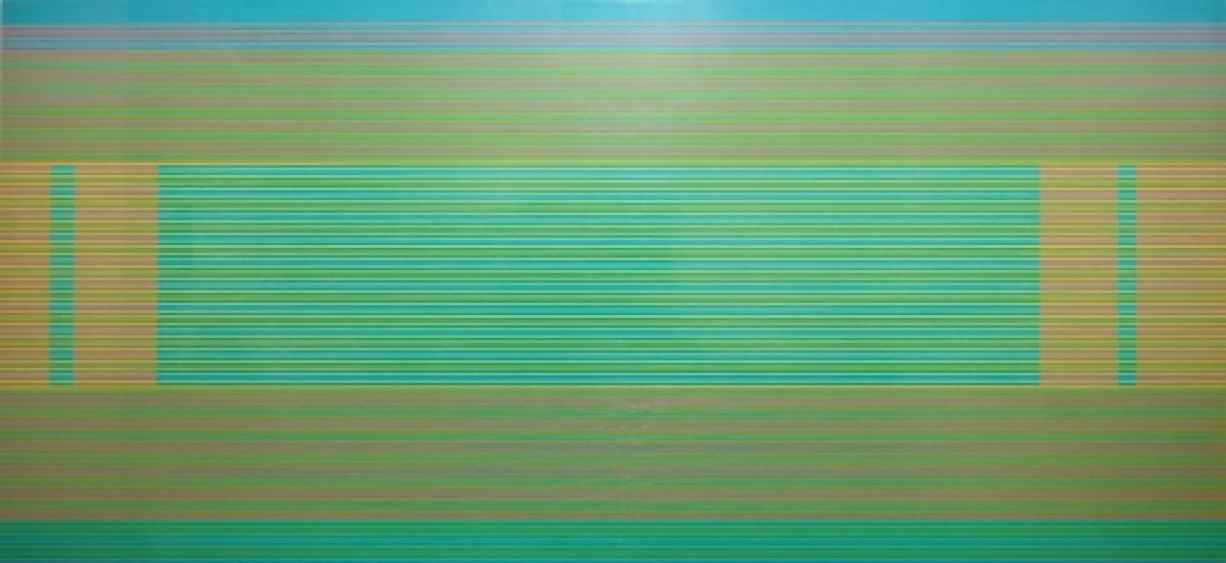 Horizontal composition with alternating bands of turquoise and warm tan tones, featuring a central rectangular field of fine horizontal lines in cyan and olive green, flanked by vertical striped sections on either side. The layered, striped pattern creates a rhythmic, woven-like visual effect across the rectangular format.
