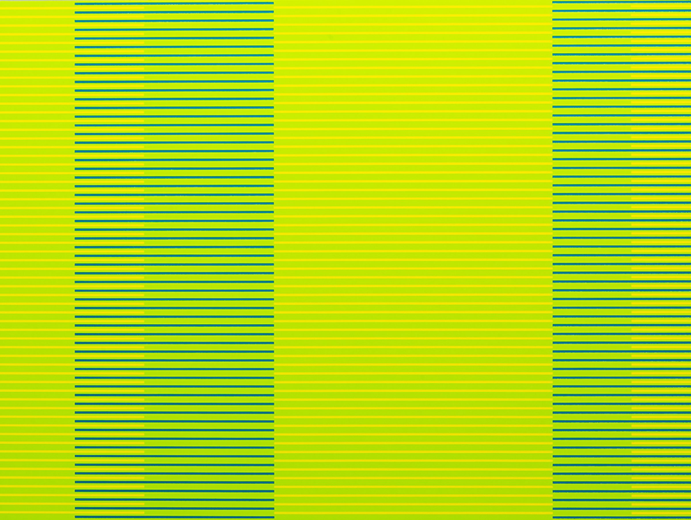 Horizontal stripes in shades of green, chartreuse, and blue-green transition gradually across the composition, creating three vertical sections with varying stripe widths and color intensities against a bright yellow-green background.